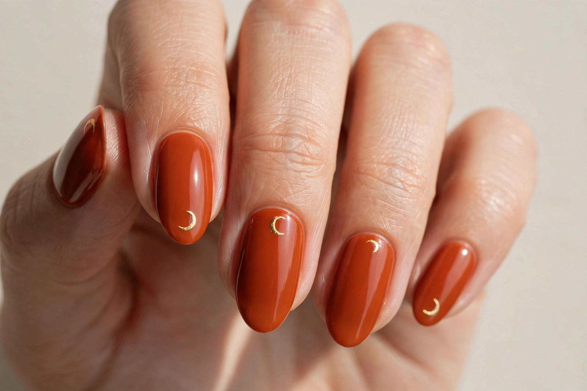 Burnt orange nails with gold crescent moon nail art