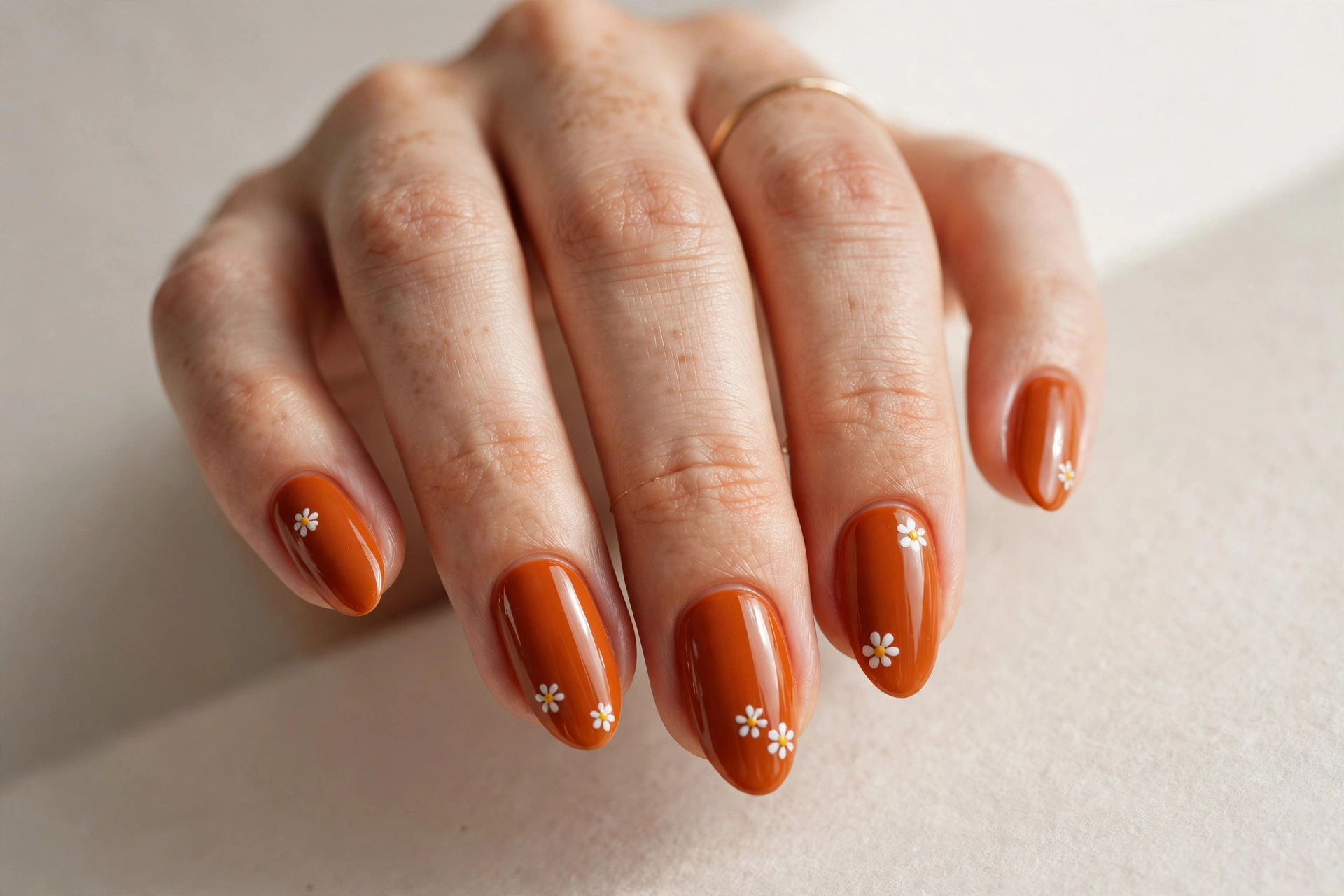 Burnt orange nails with tiny white daisy nail art