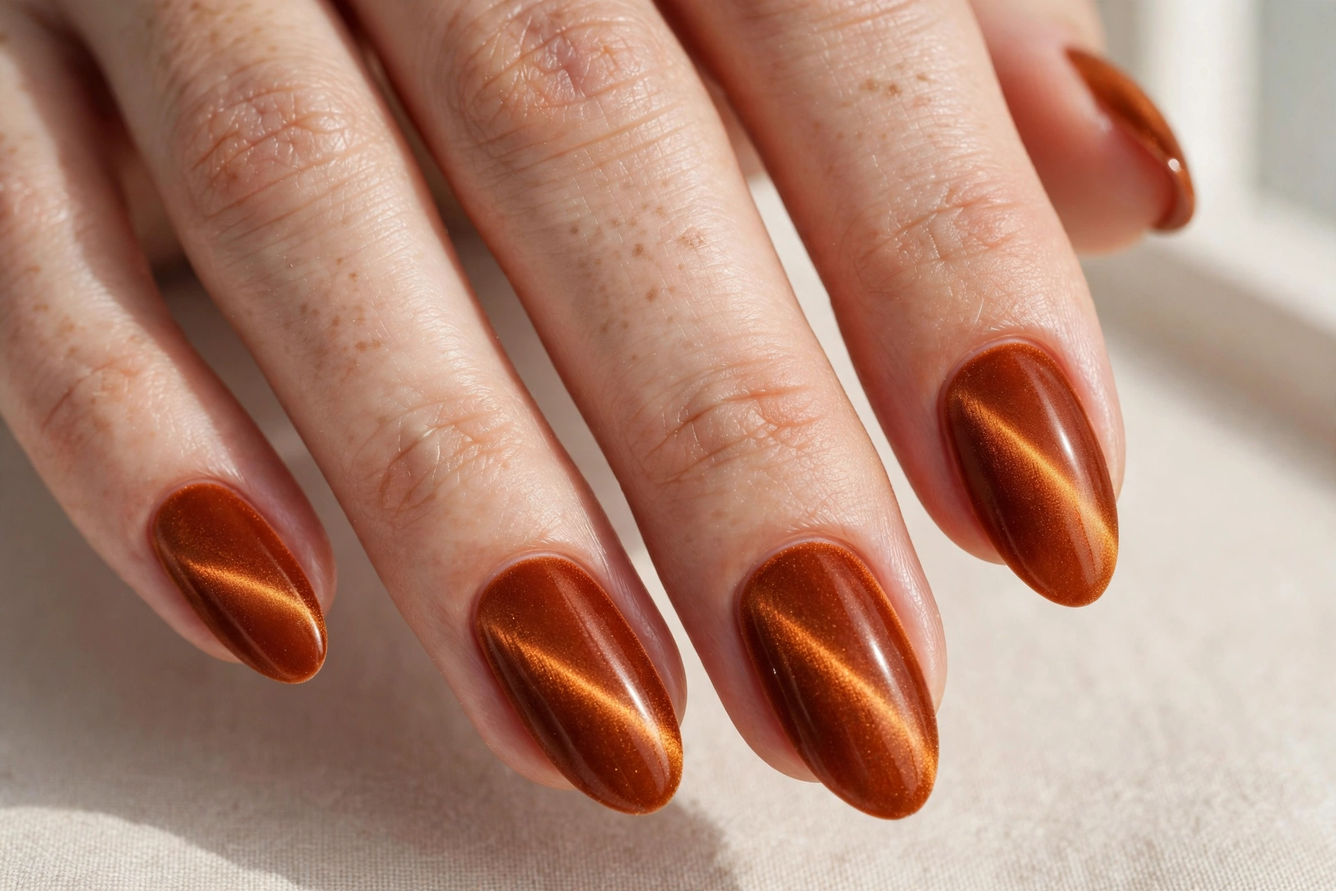 Burnt orange velvet cat eye magnetic shimmer almond nails