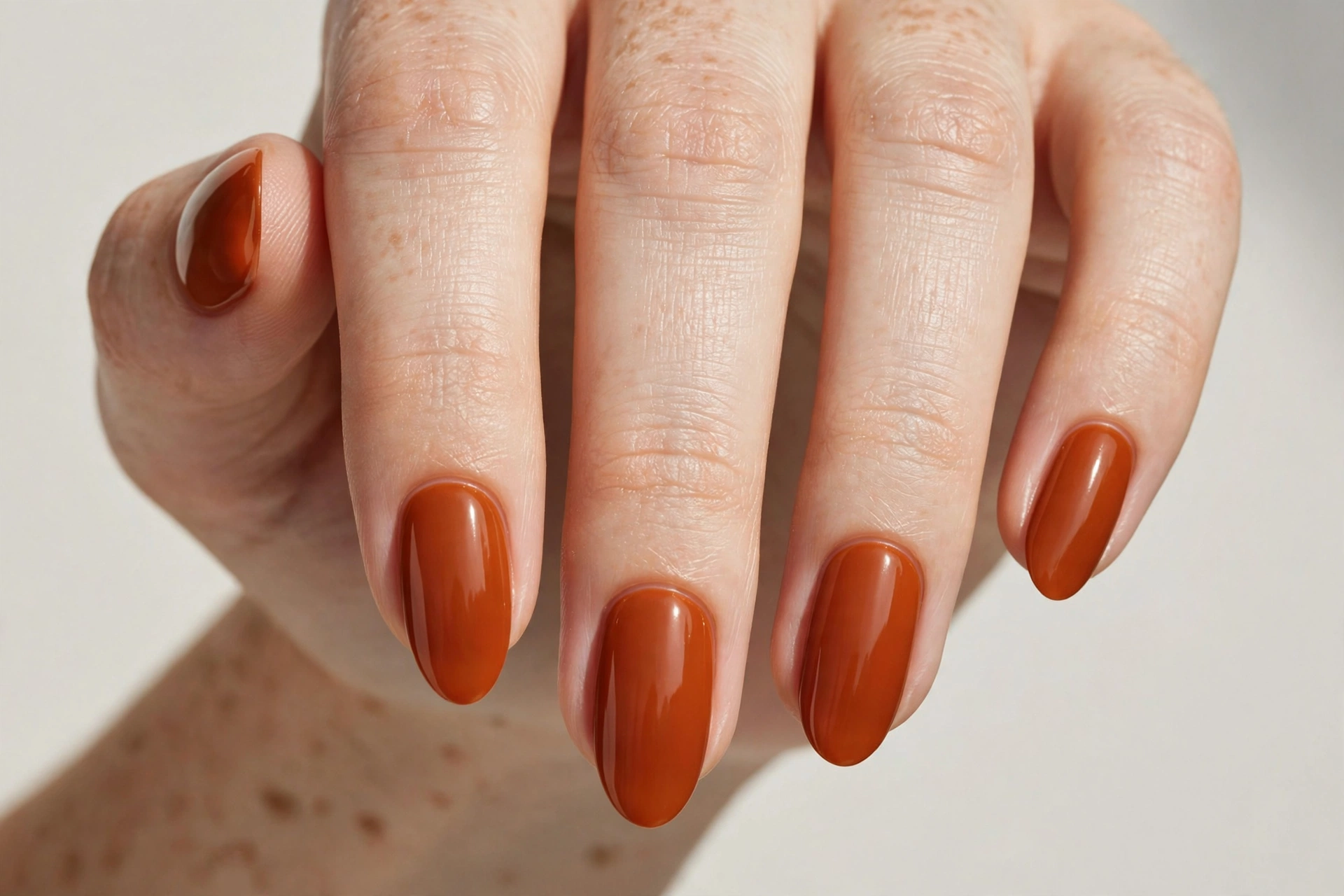 Almond shaped nails with glossy burnt orange gel manicure