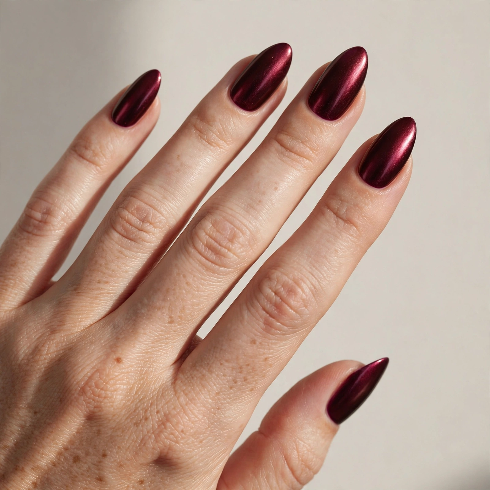 Almond shaped nails with burgundy chrome gel manicure
