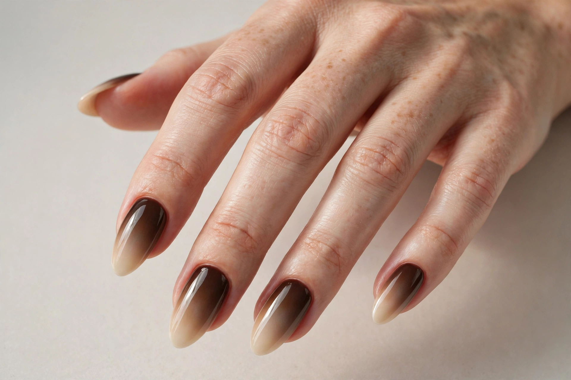 Almond shaped nails with espresso ombre gel manicure