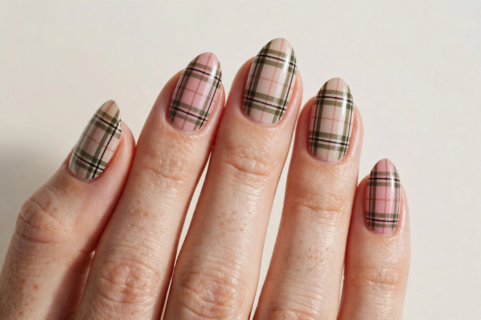 Almond shaped nails with plaid gel nail art