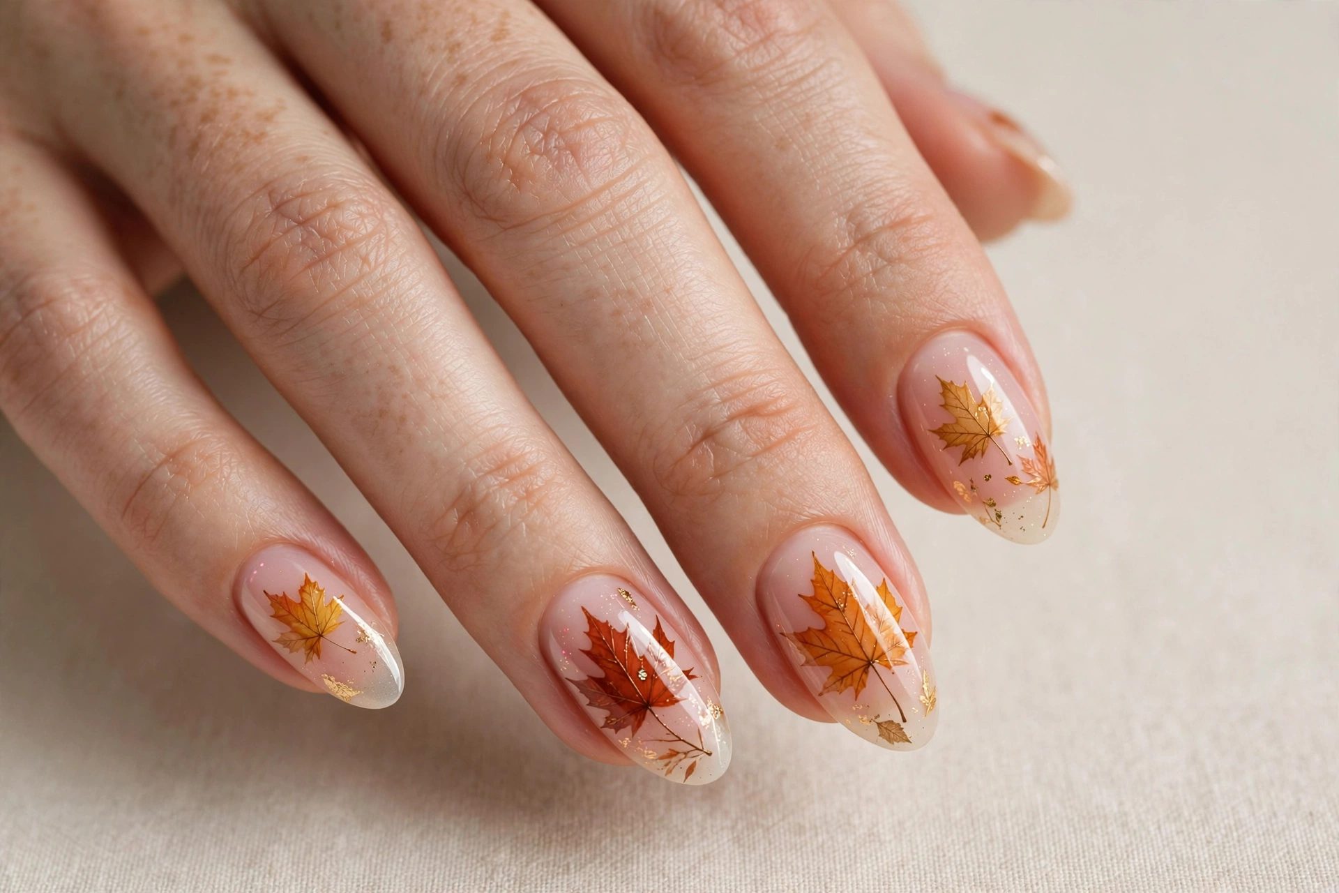 Almond shaped nails with maple leaf gel nail art