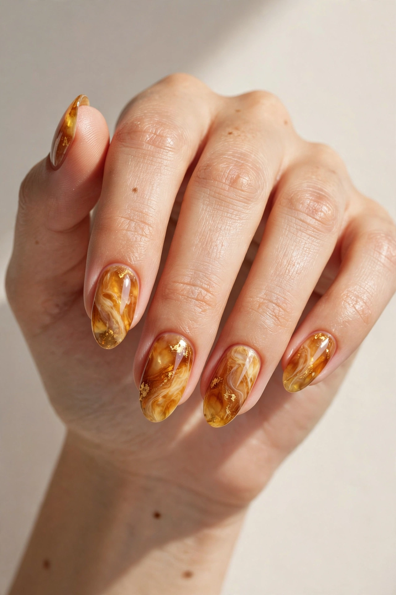 Almond shaped nails with amber marble gel manicure