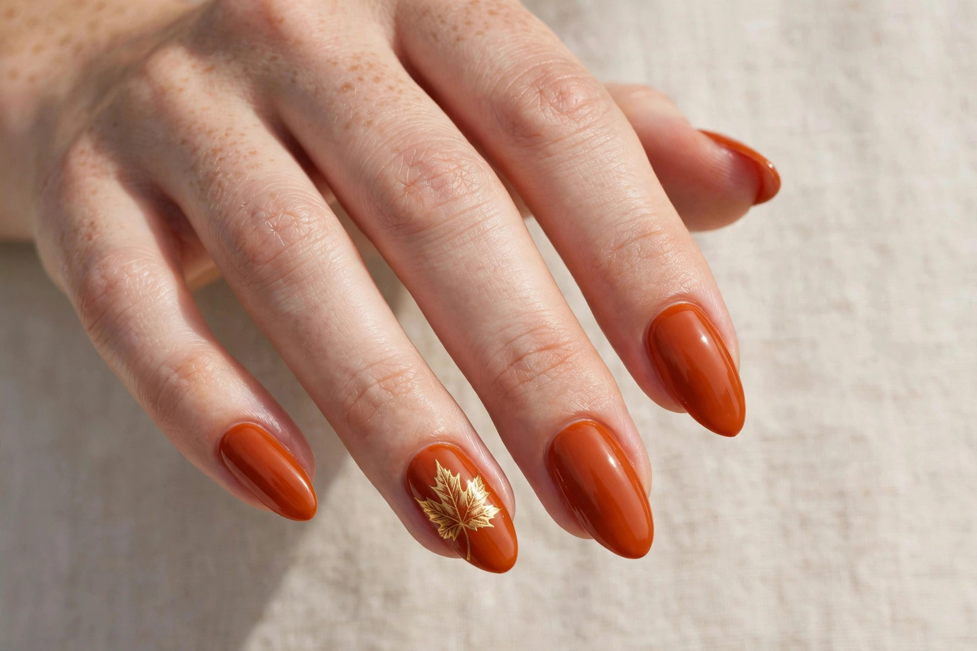 Burnt orange manicure with a hand-painted maple leaf accent nail