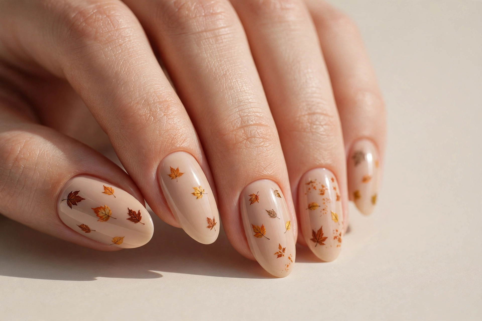 Nude beige manicure with tiny hand-painted autumn leaves