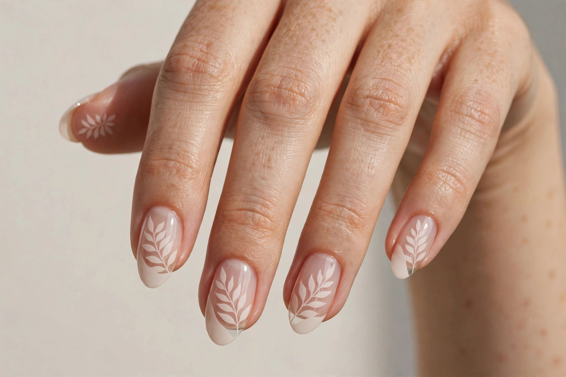 Clear natural nails with a negative-space leaf silhouette design