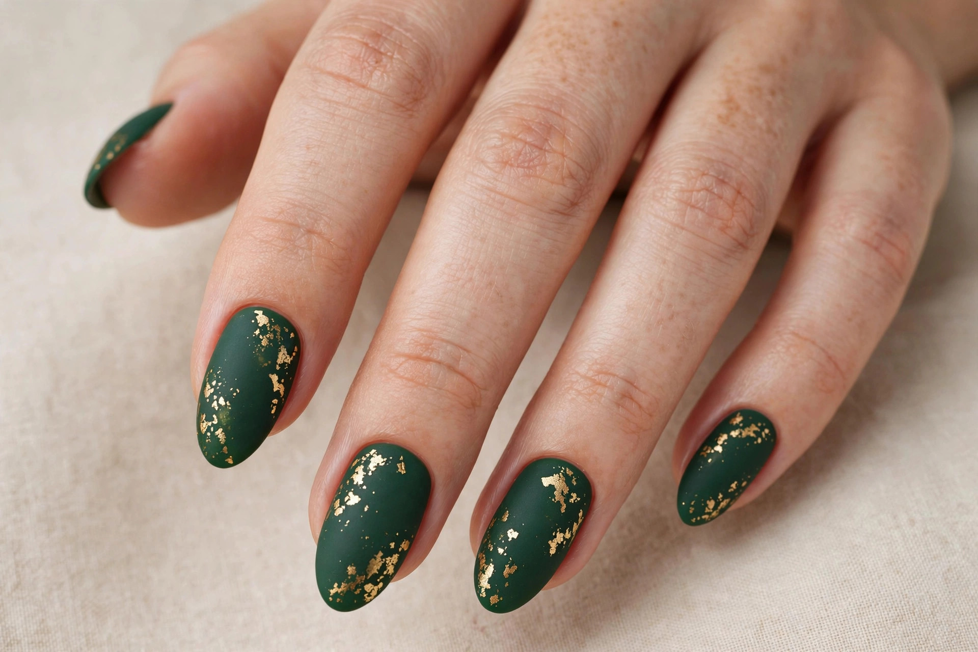 Matte forest green nails with delicate gold leaf detailing
