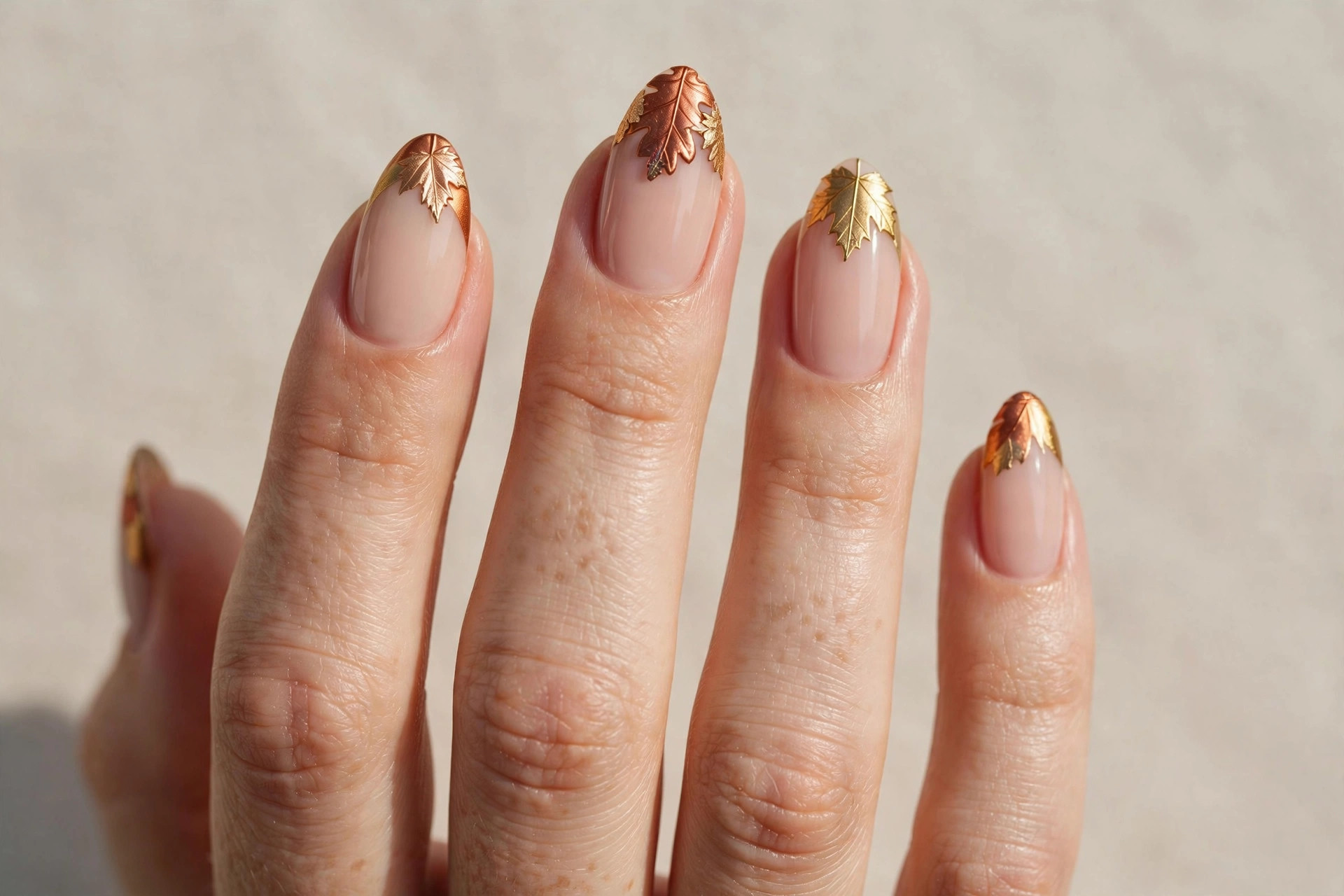 Nude nails with autumn leaf-shaped French tips in copper and gold