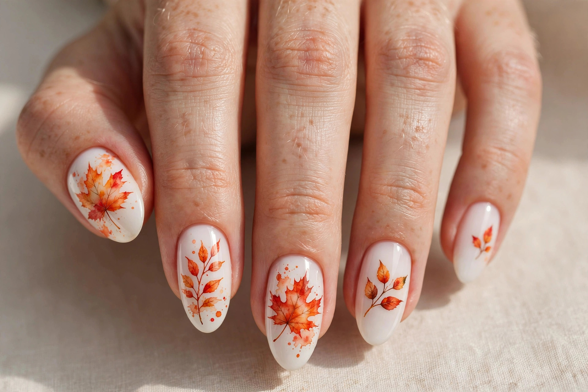 Milky white nails with watercolor autumn leaves in orange and red