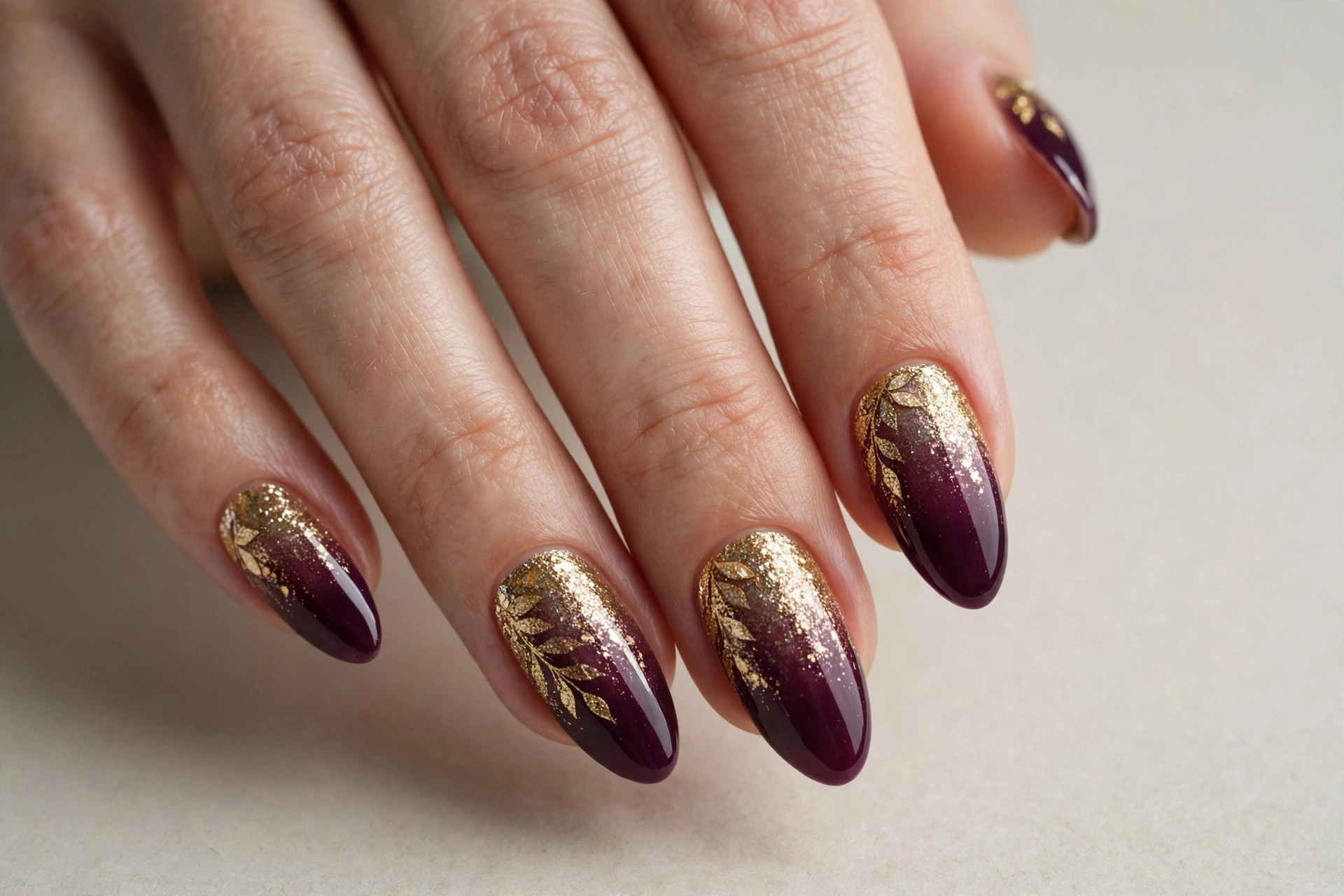 Deep plum nails with gold glitter fading like falling leaves