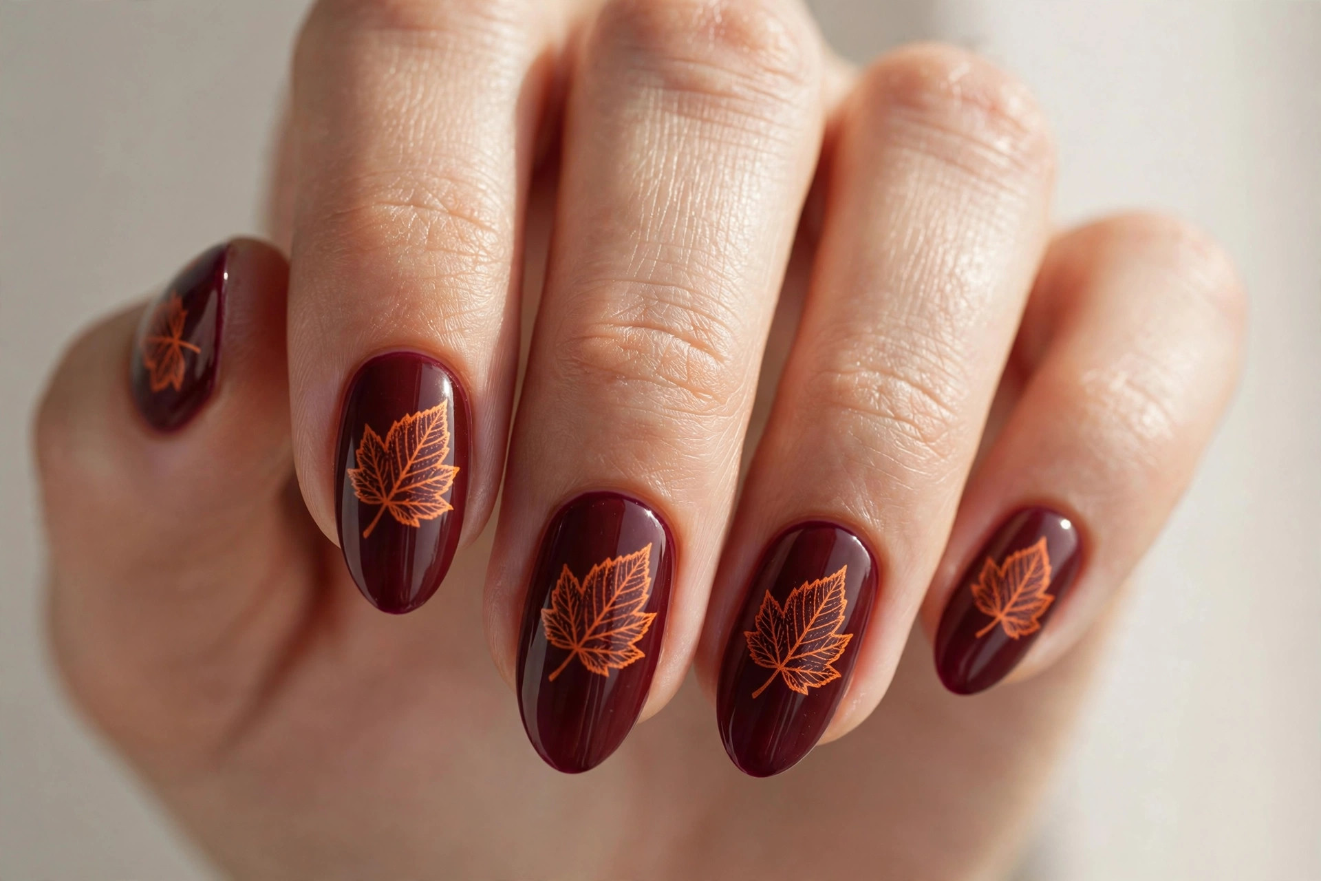 Deep burgundy nails with an orange leaf silhouette stamp