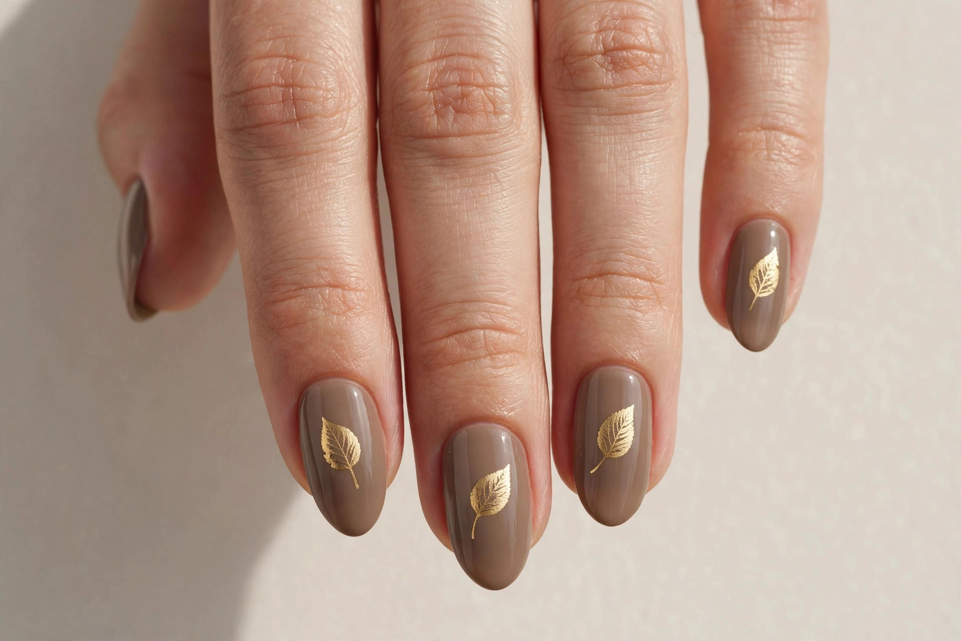 Warm taupe nails with a single gold leaf stamp accent