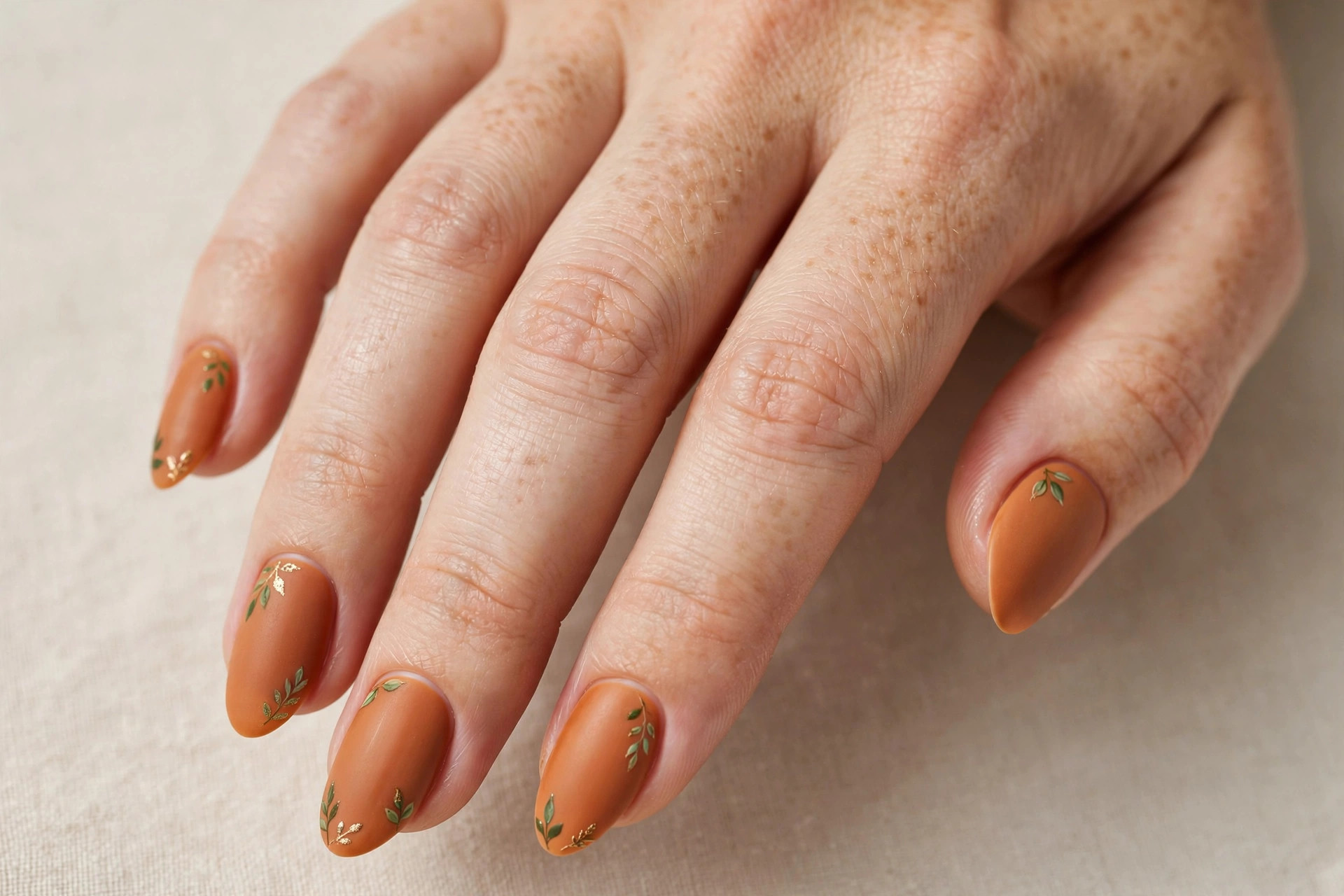 Pumpkin spice toned nails with tiny leaf accents