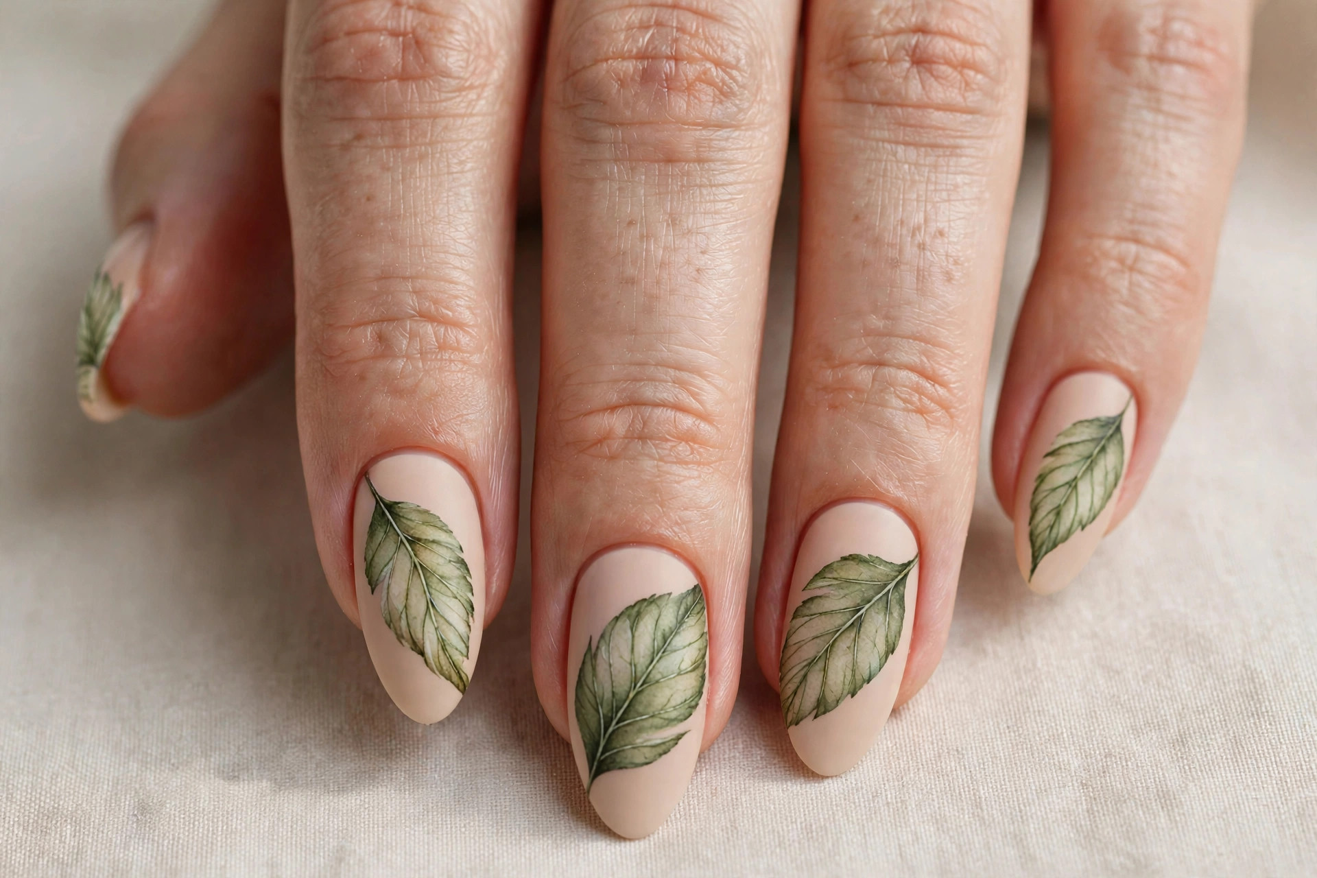 Nude nails with one large leaf design flowing across multiple fingernails