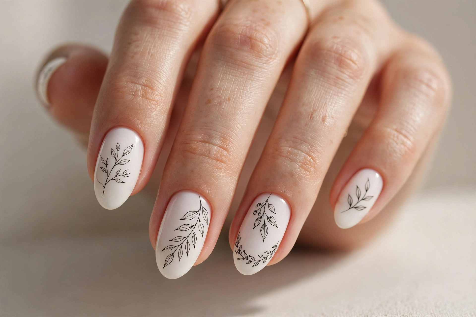 Almond white nails with delicate black leaf line art