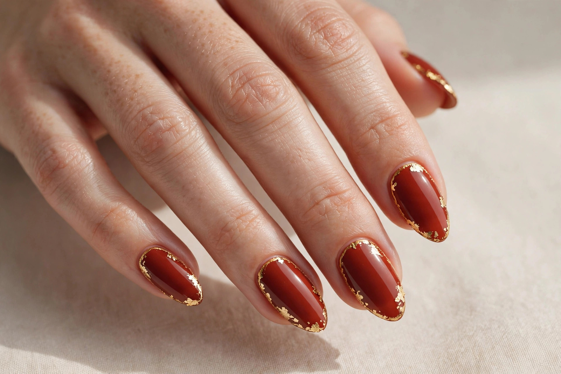 Rust red nails with fine gold leaf outline art