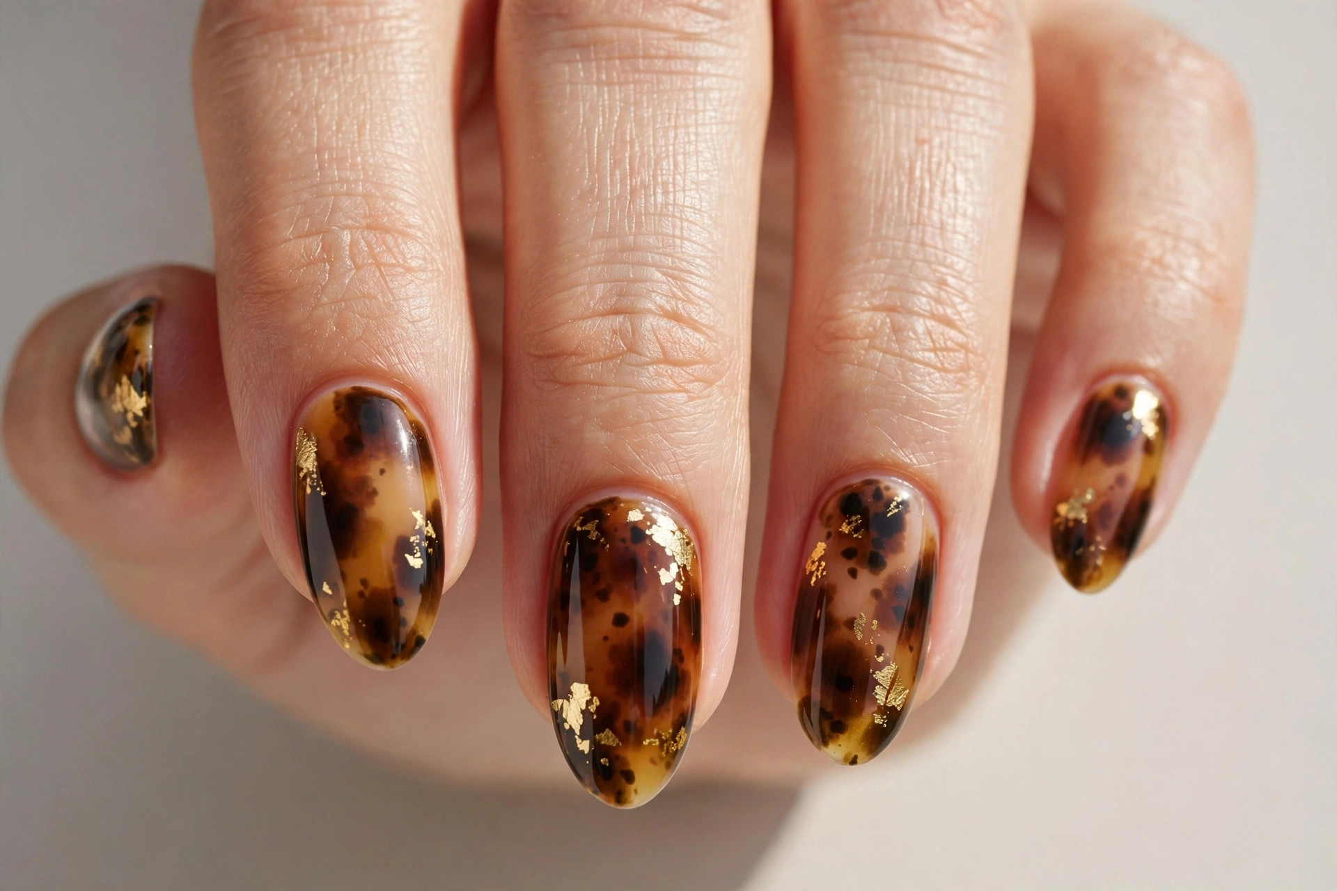 Tortoiseshell patterned nails with small gold leaf accents