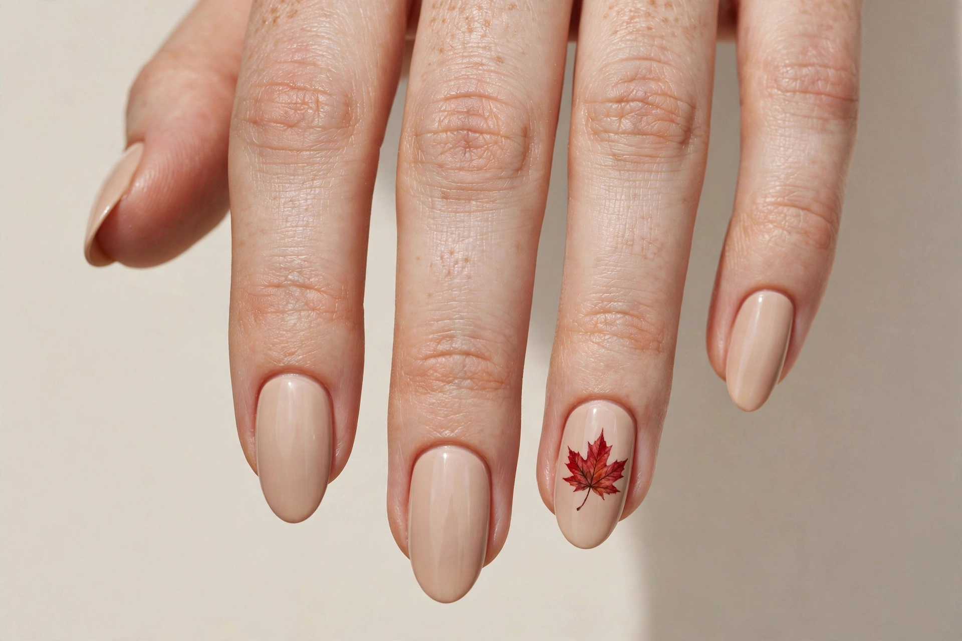 Nude beige nails with a single hand-painted red maple leaf accent on the ring finger
