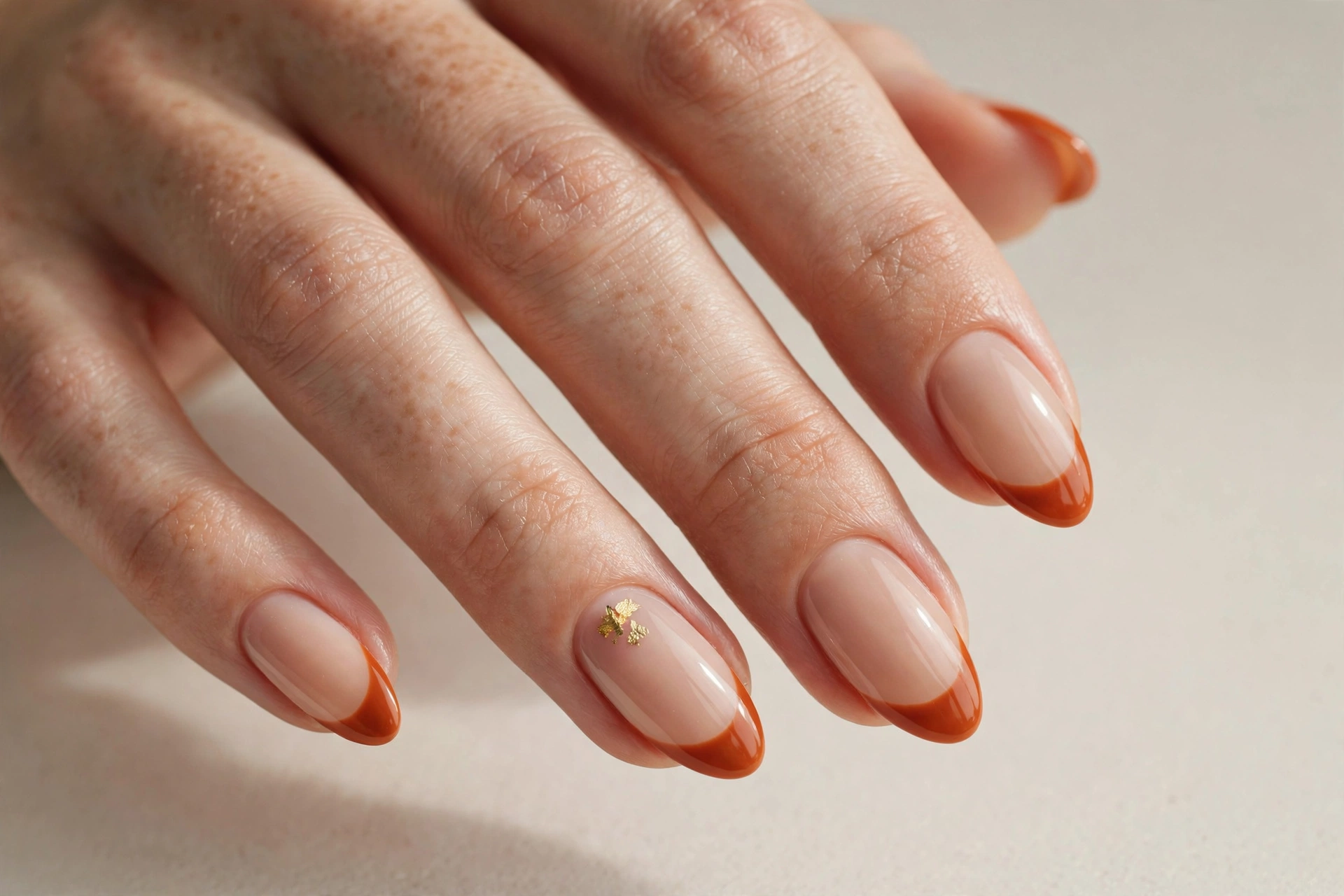 Burnt orange French tip nails with a tiny gold leaf detail