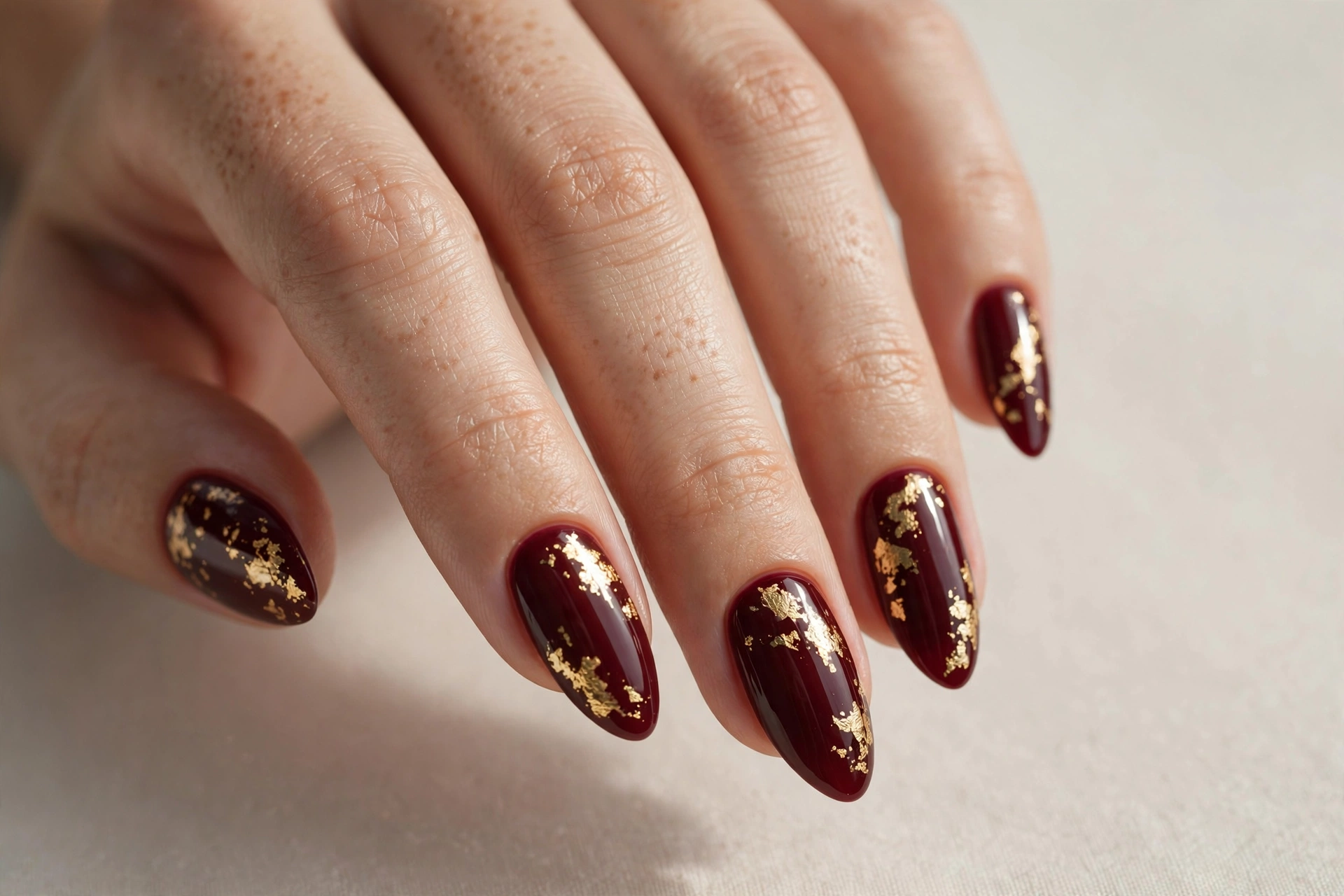 Deep burgundy nails decorated with gold foil leaf accents