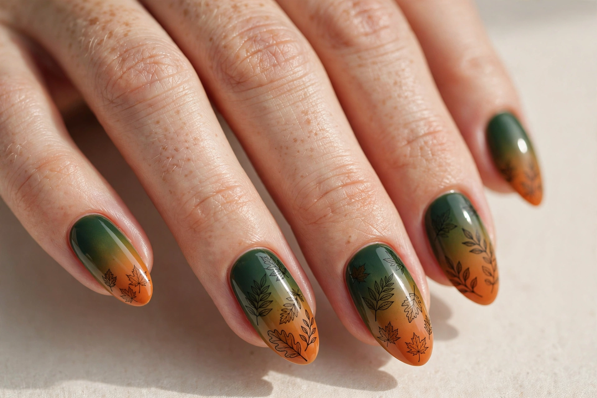 Autumn ombre nails fading from forest green to burnt orange with leaf silhouettes
