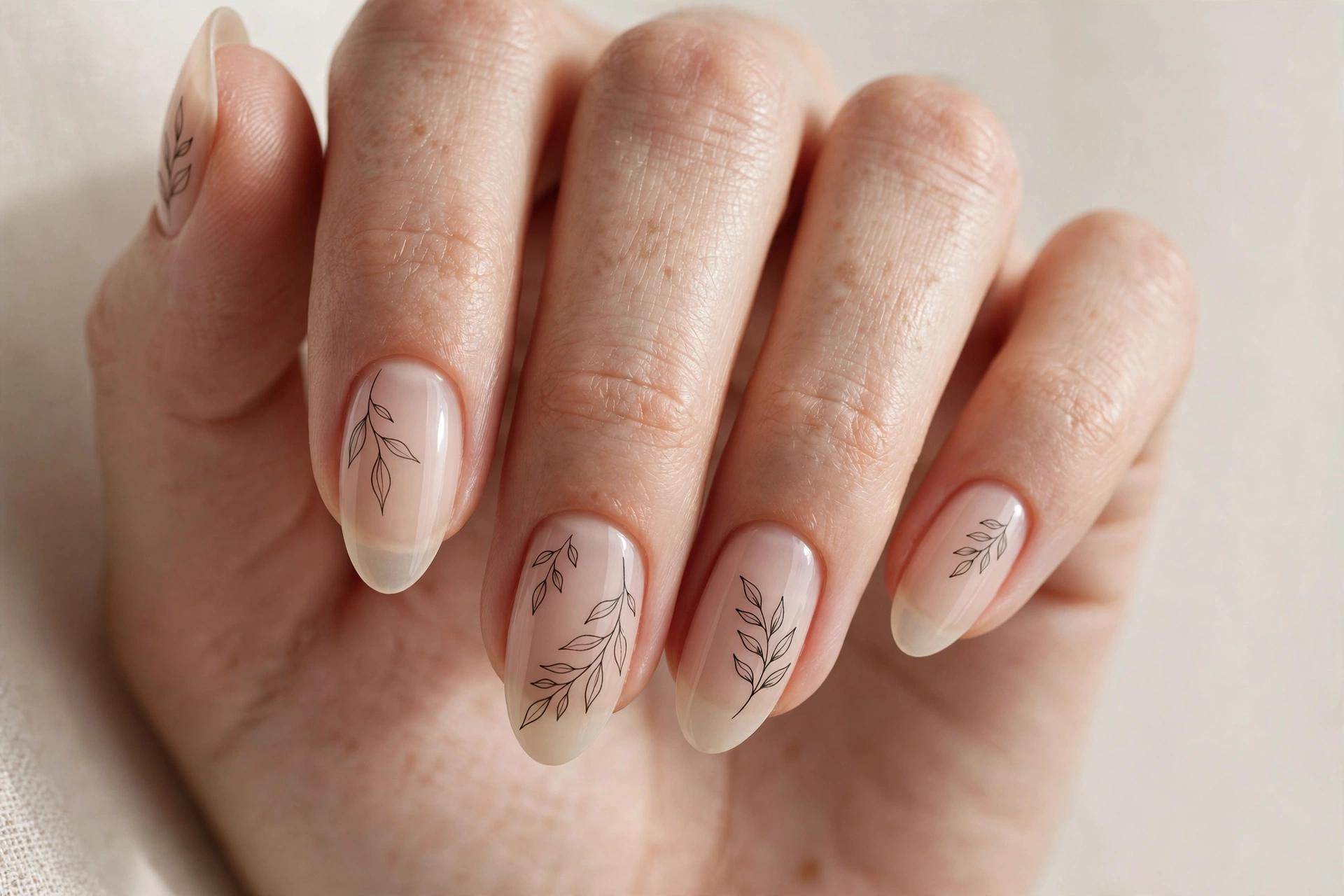 Sheer beige nails with delicate black leaf line art outlines