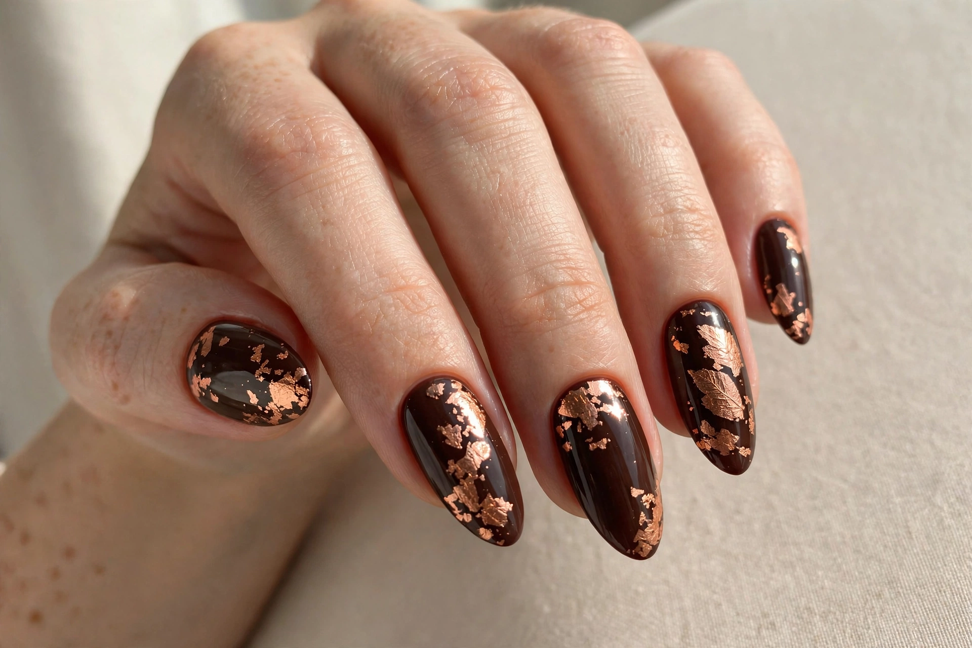 Deep chocolate brown nails with metallic copper leaf art