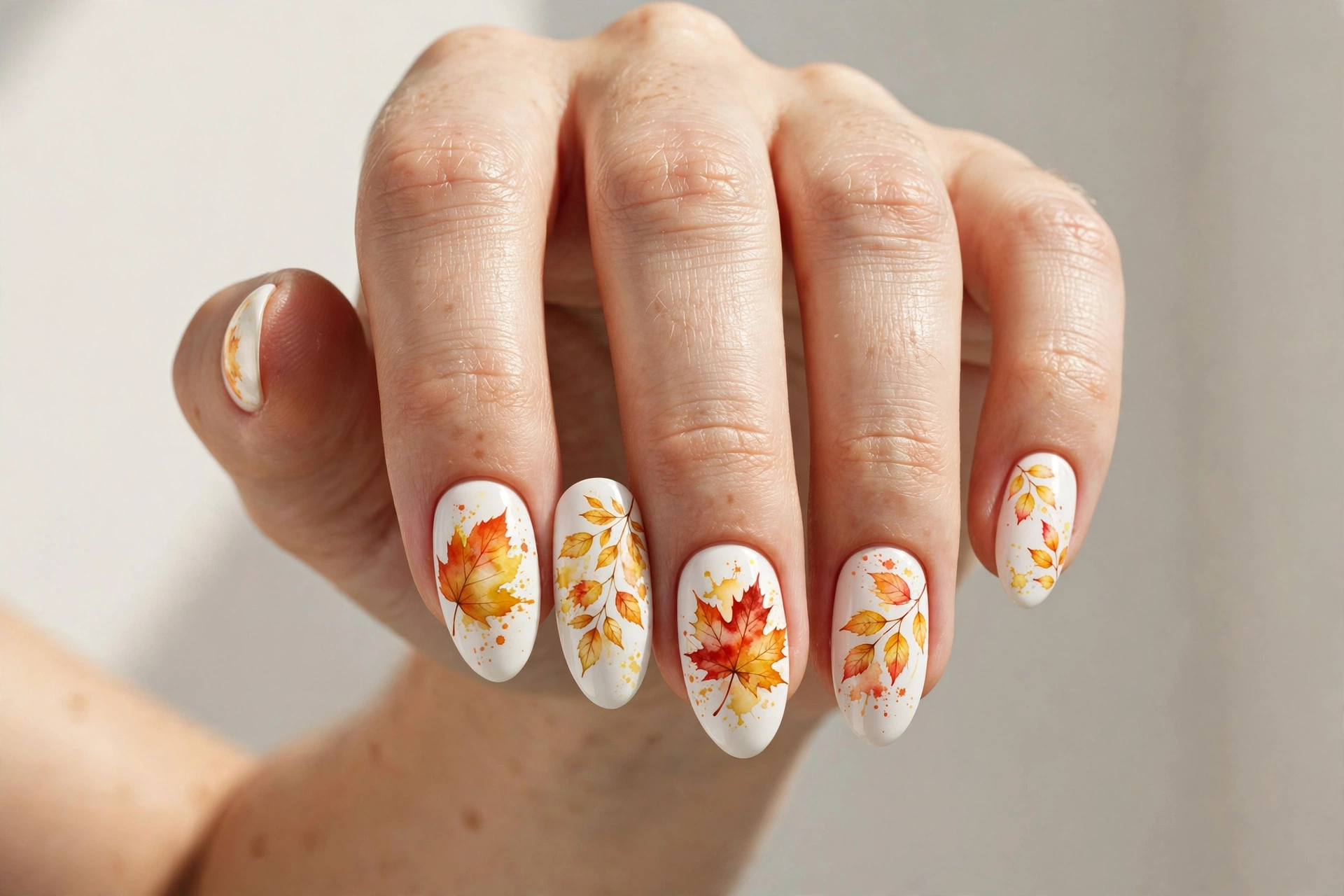 White nails with watercolor autumn leaves in orange red and yellow