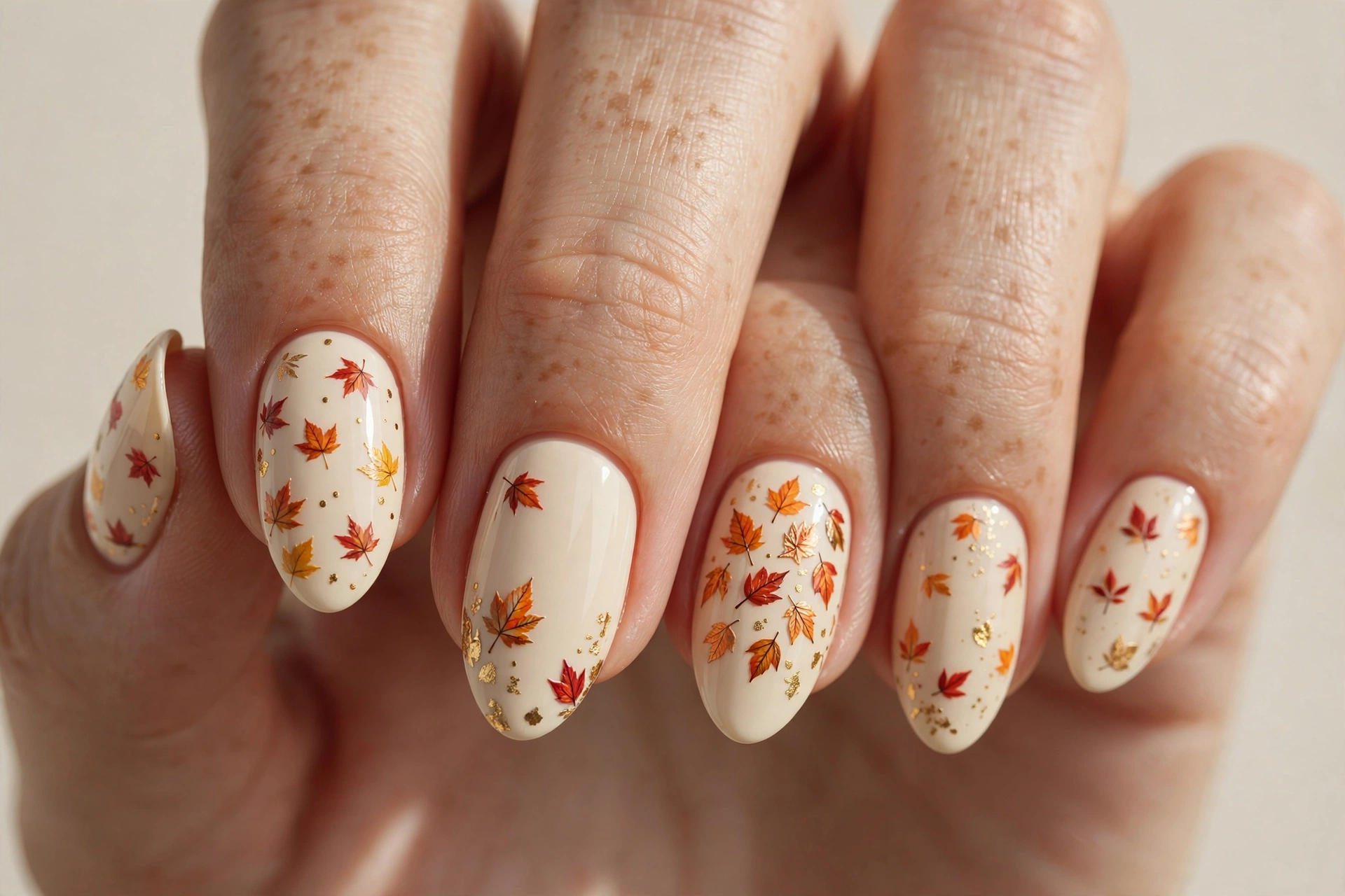 Cream nails scattered with tiny painted autumn leaves in red orange and gold