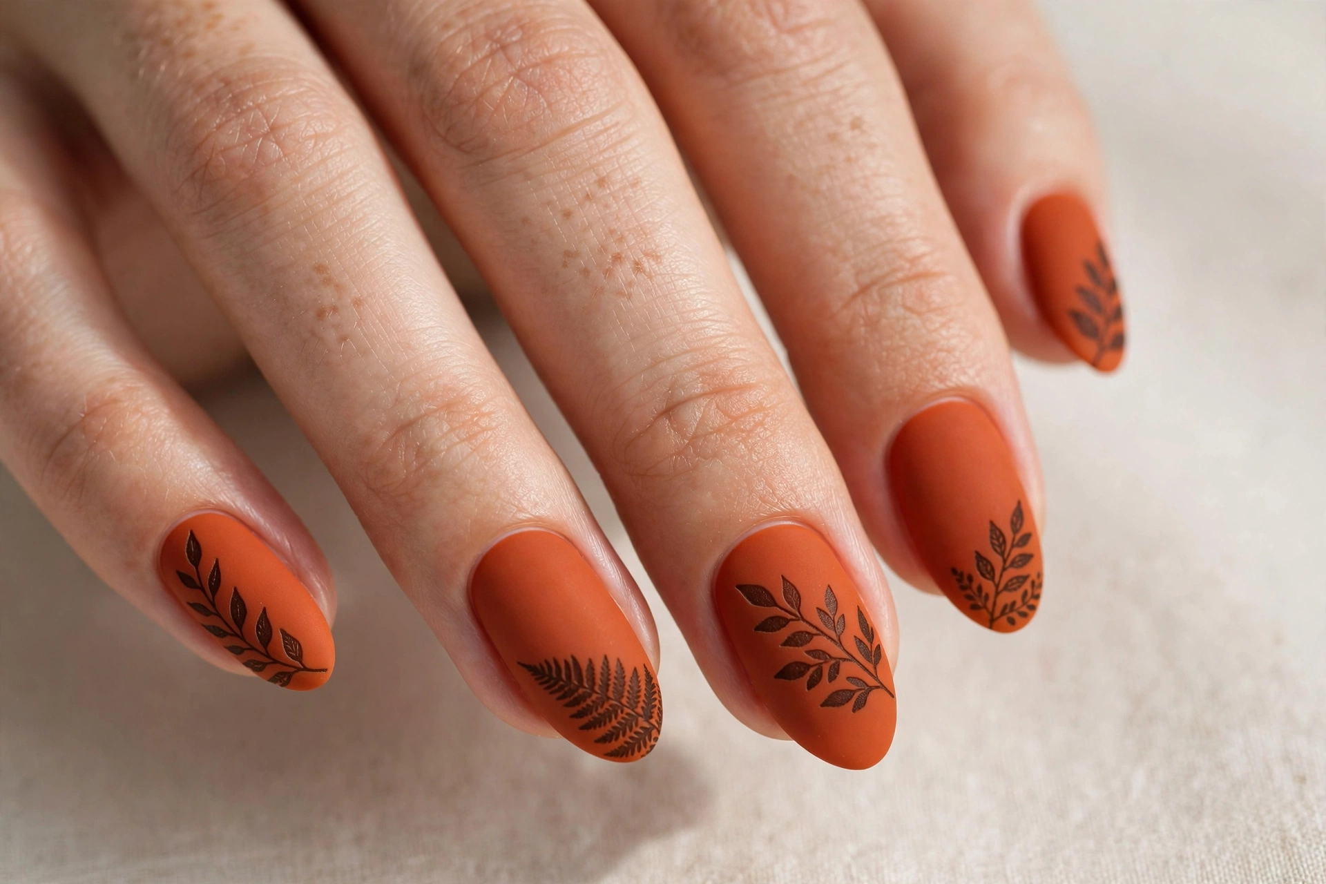 Matte burnt orange nails stamped with darker brown leaf patterns