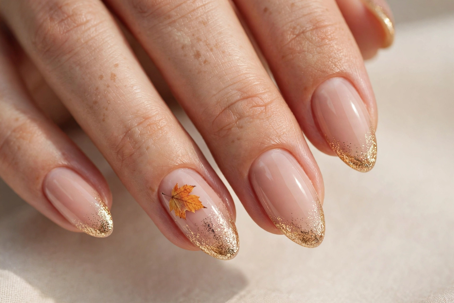 Nude nails with gold glitter gradient tips and a small autumn leaf accent