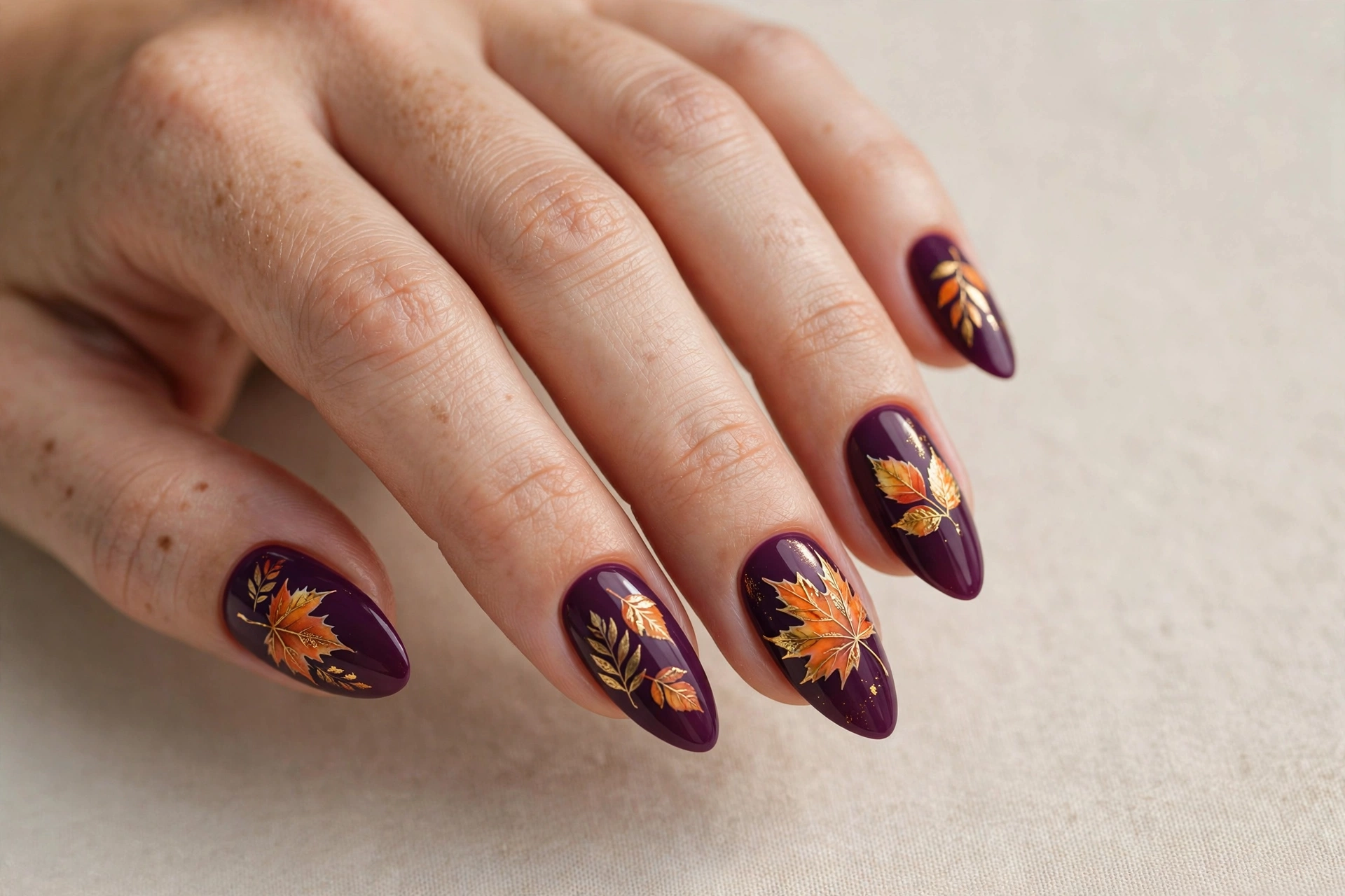 Deep plum nails decorated with hand-painted orange and gold autumn leaves