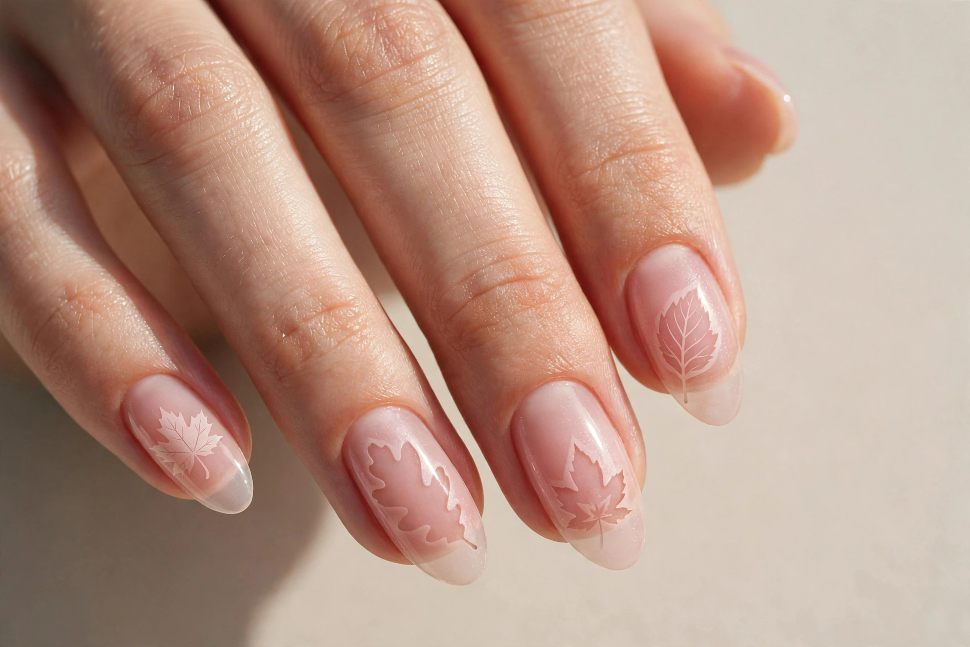 Sheer pink nails with negative space autumn leaf shapes