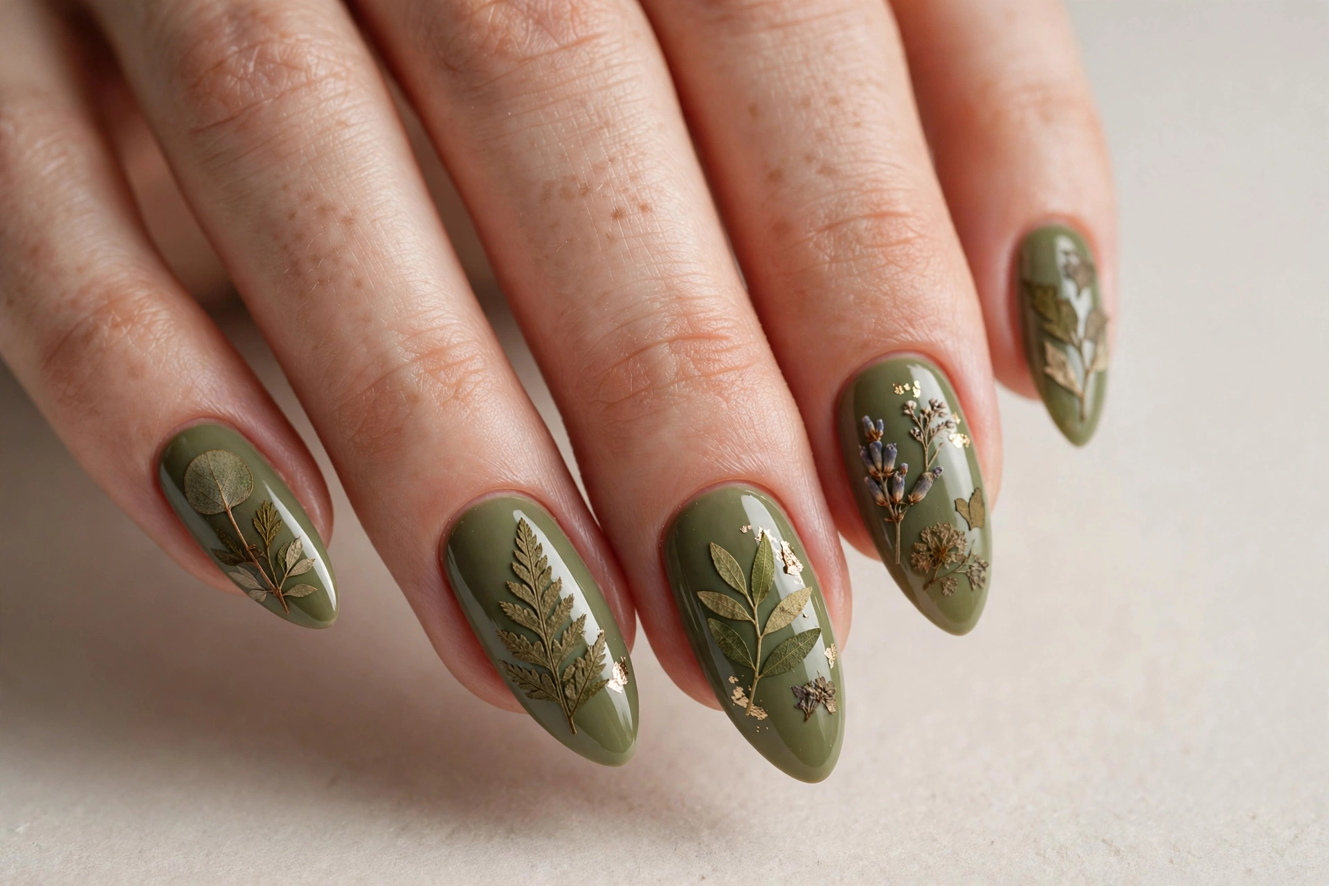 Olive green nails with pressed dried leaf style botanical nail art
