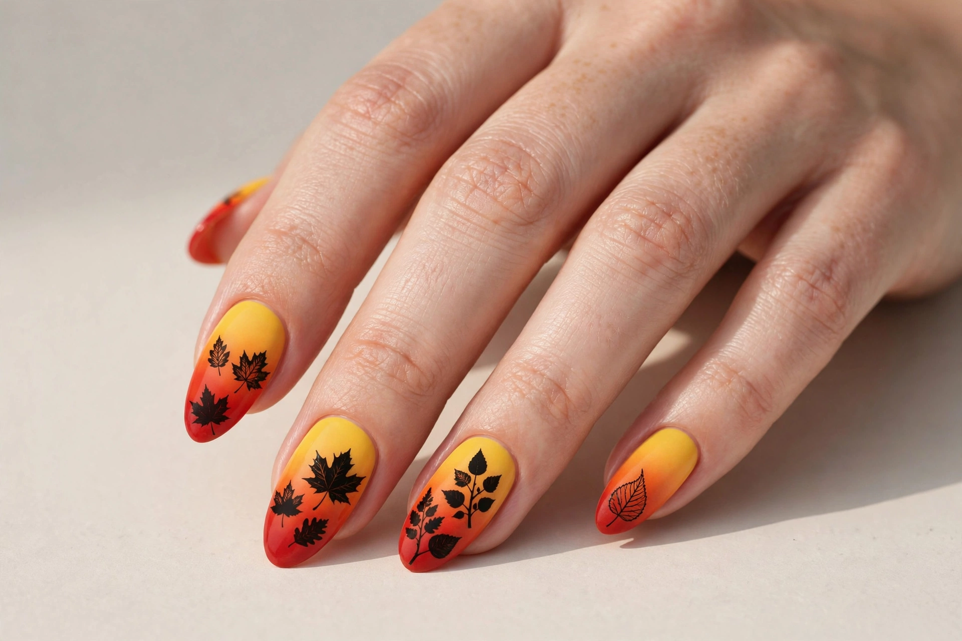 Sunset gradient nails in yellow orange and red with black leaf silhouettes
