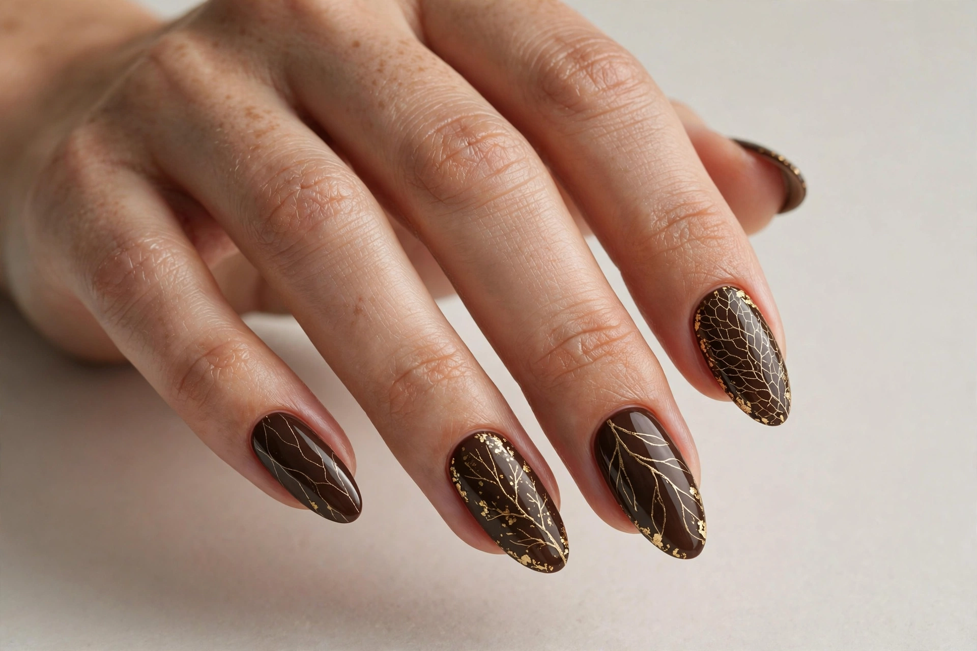 Espresso brown nails decorated with fine gold leaf vein details