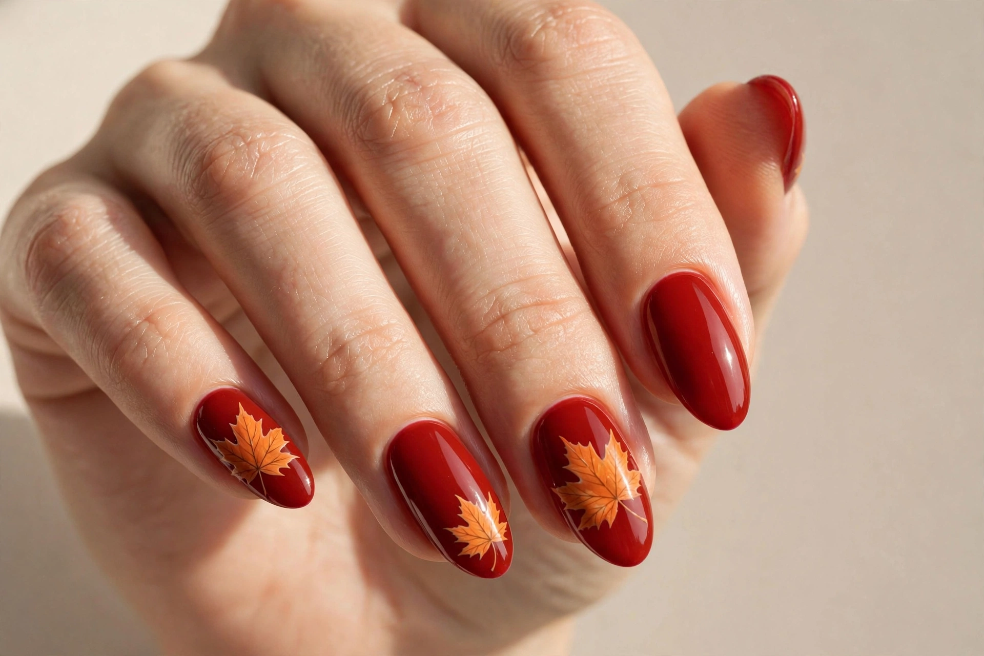 Brick red nails decorated with orange maple leaf art