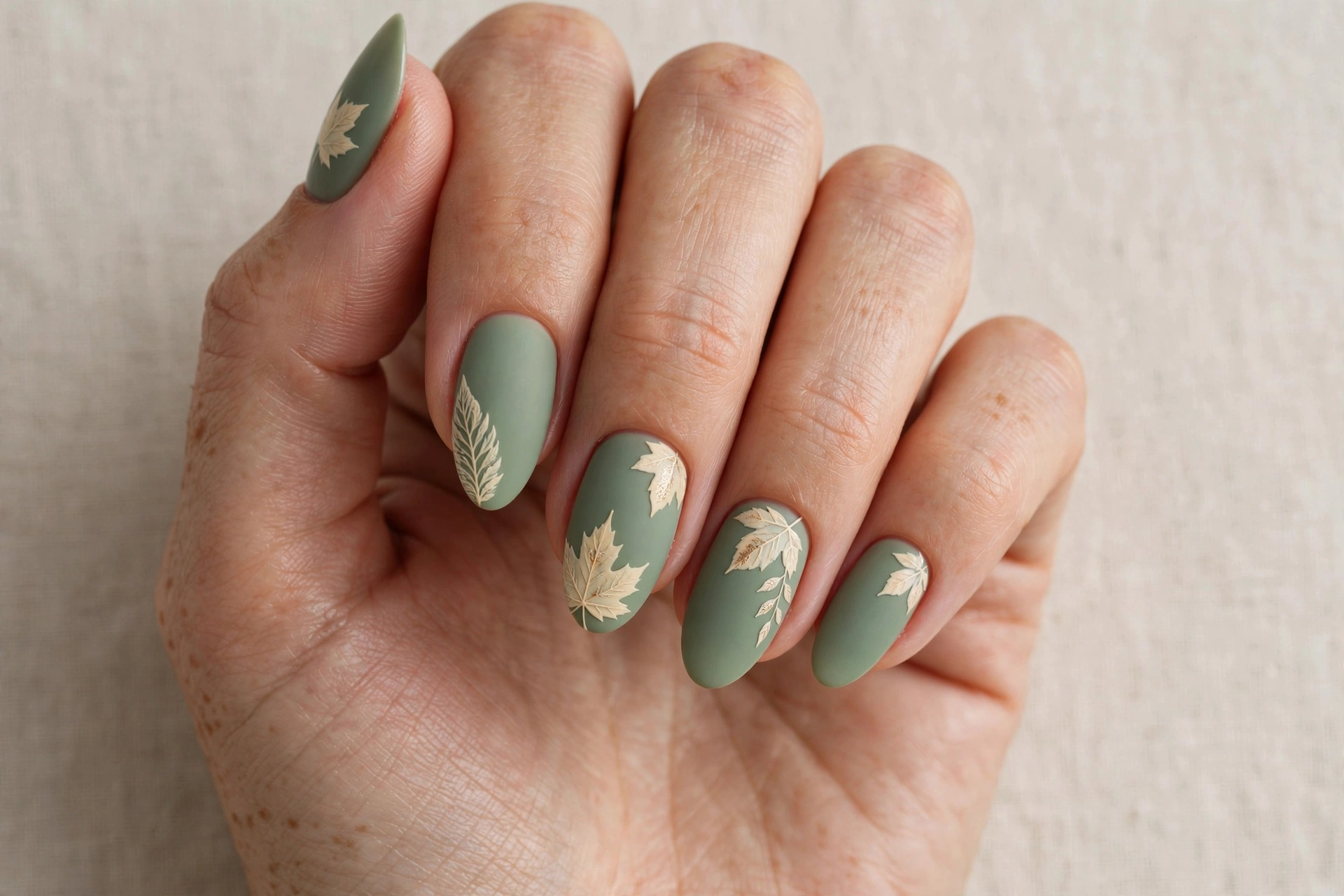 Sage green nails decorated with cream colored autumn leaf accents