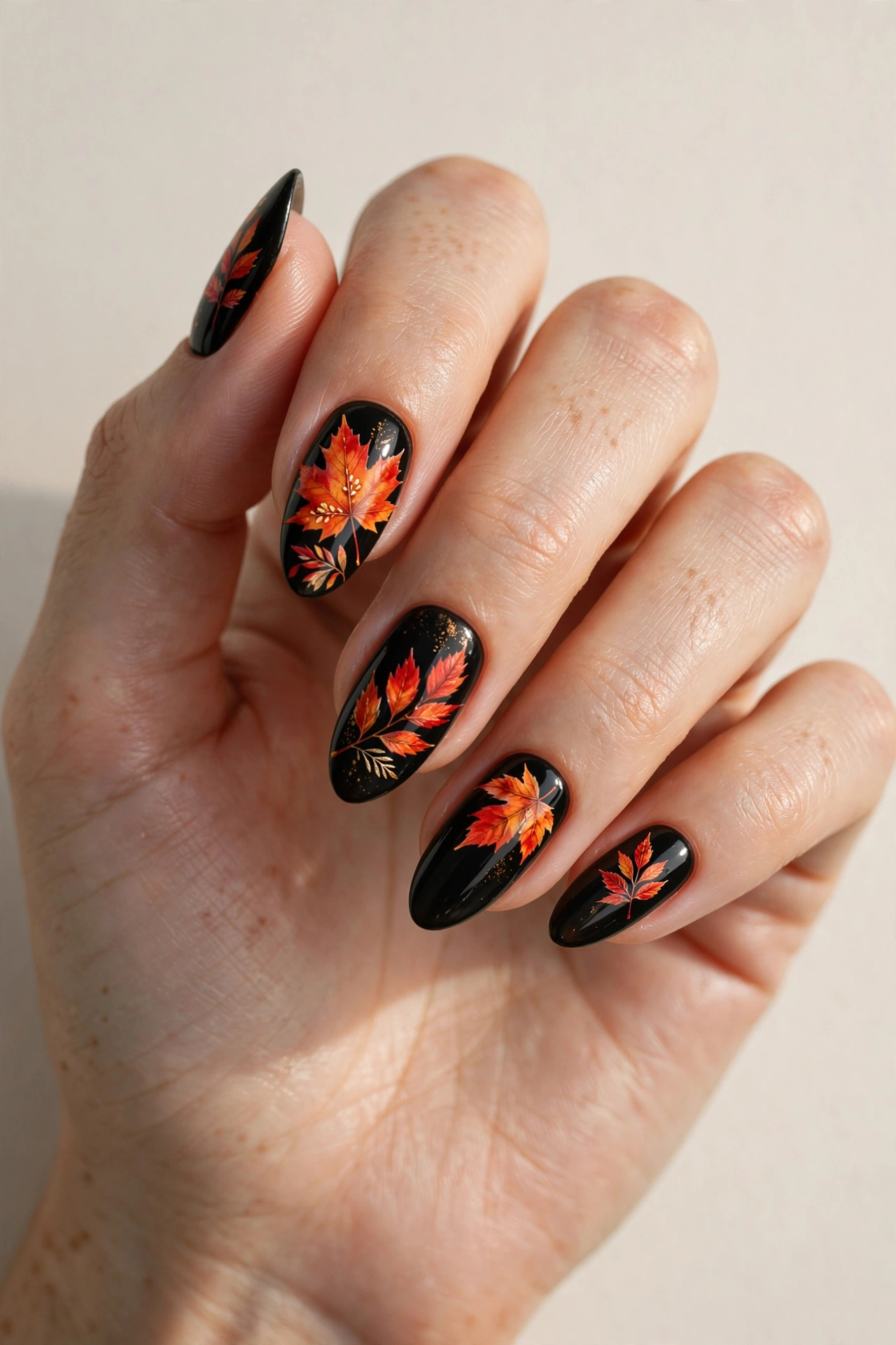 Black nails decorated with fiery red and orange autumn leaf art