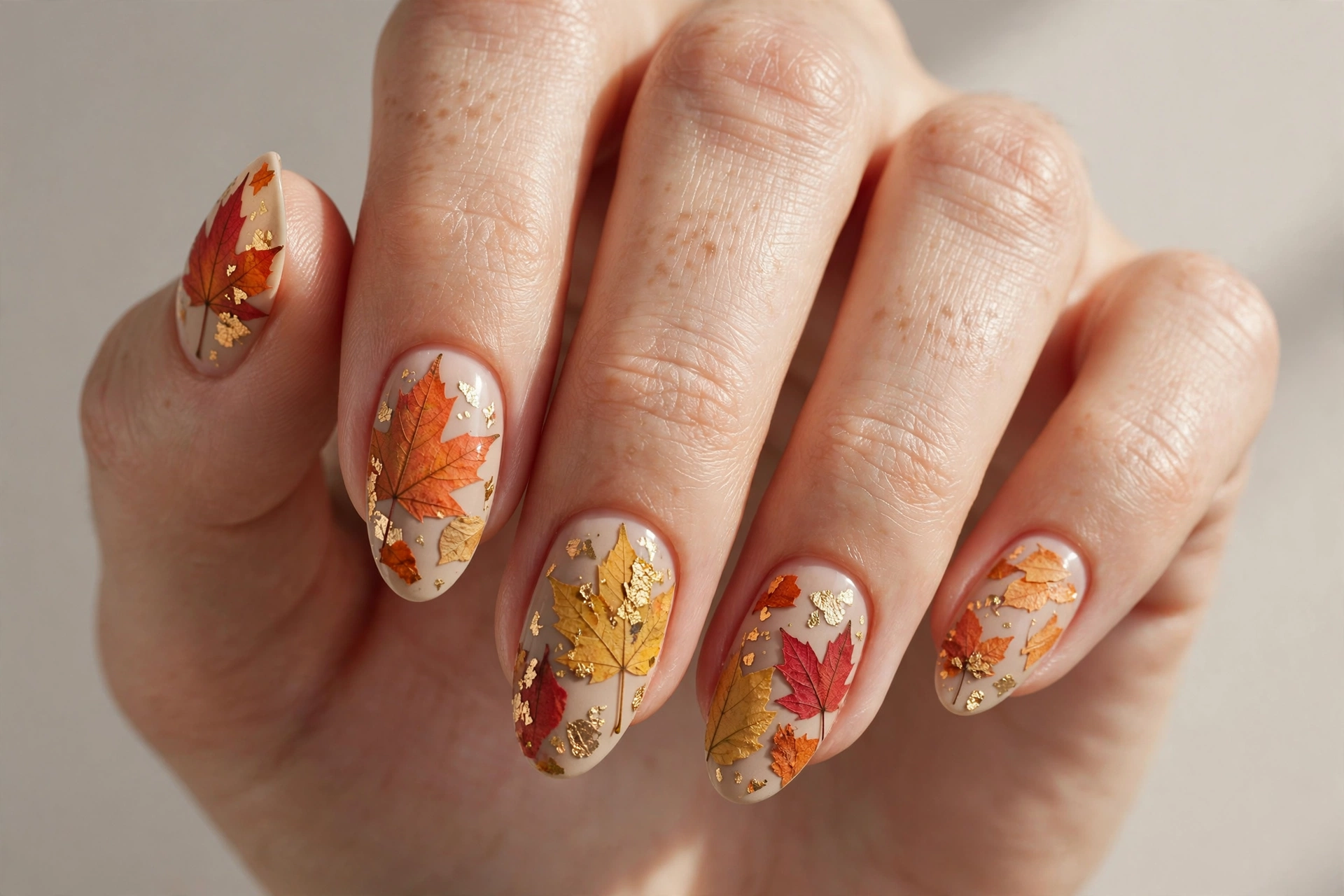 Multi-colored autumn leaf collage nail art in red orange and gold on almond nails