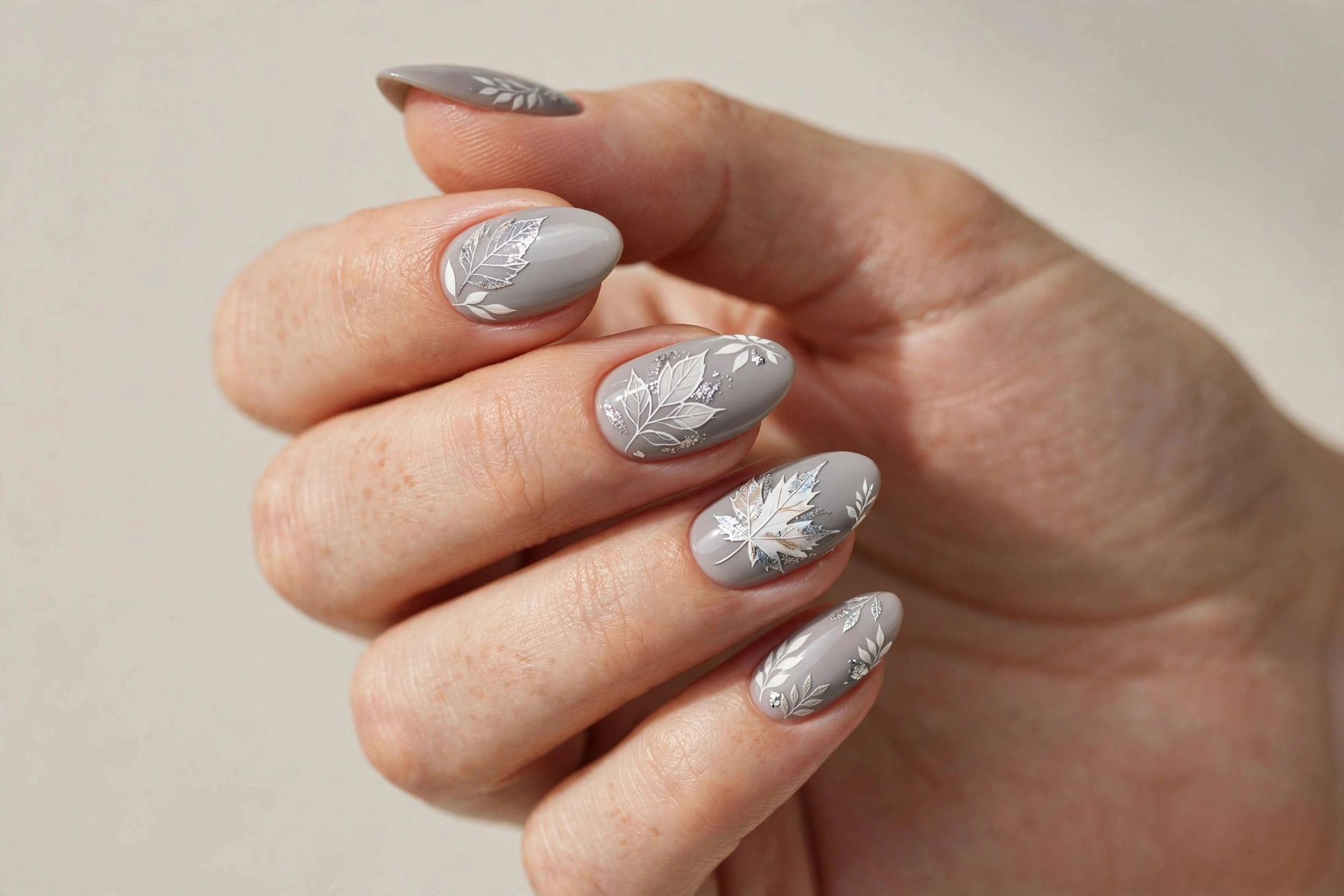 Soft gray nails decorated with white and silver autumn leaf designs