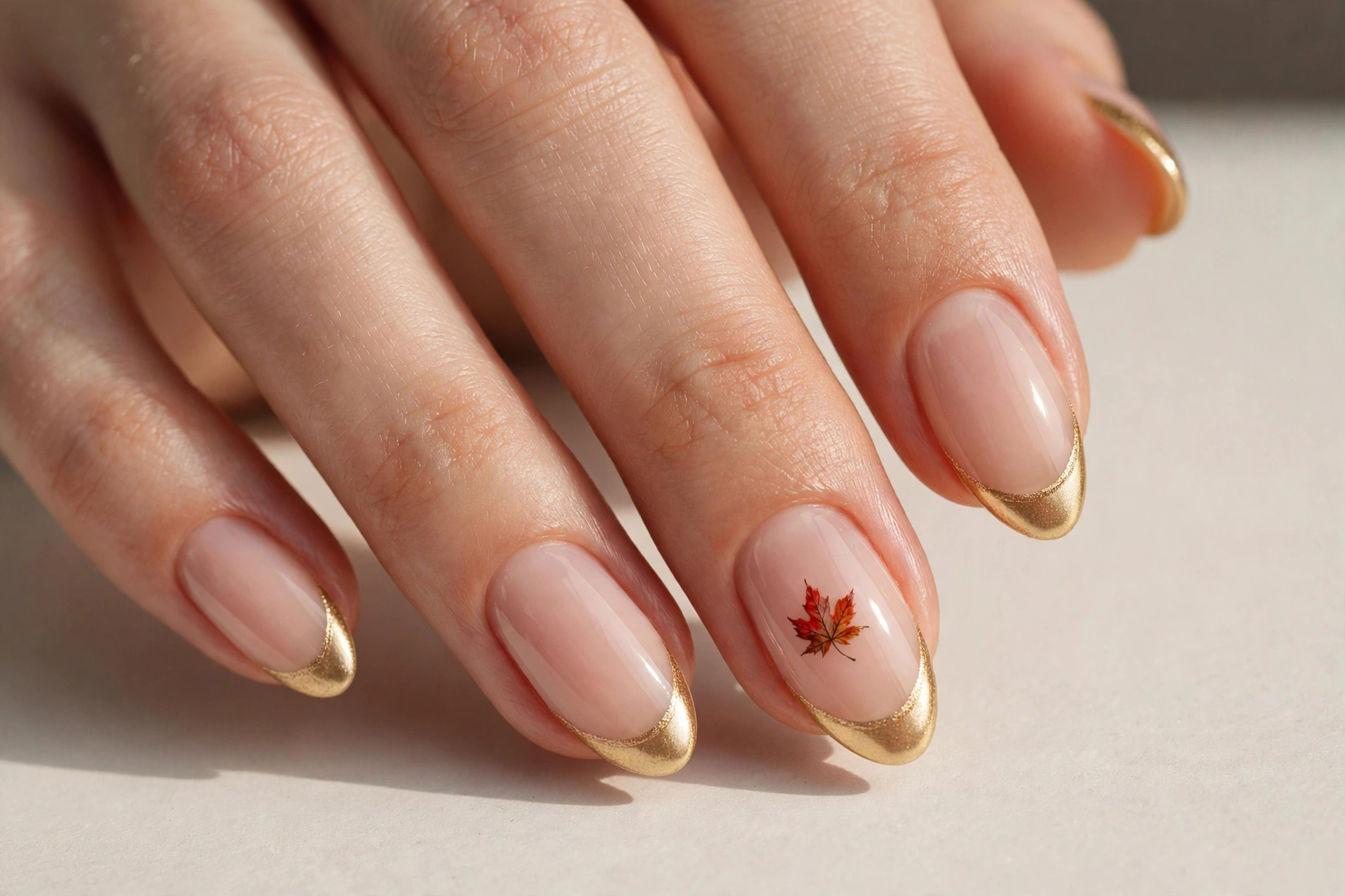 Gold French tip nails with a tiny red autumn leaf on the ring finger
