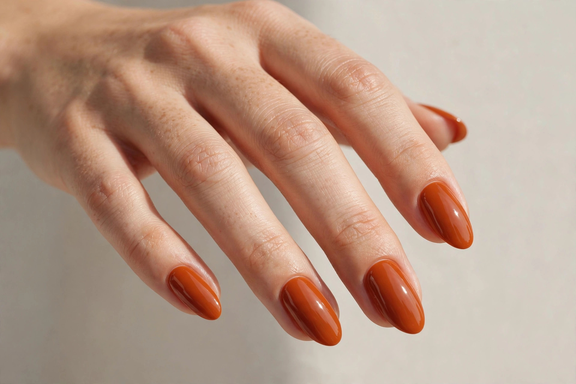 Burnt orange fall nail designs on almond shaped nails