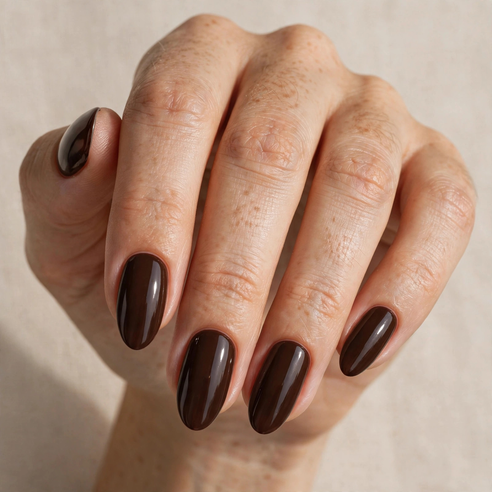 Deep espresso brown fall nails on almond shaped nails