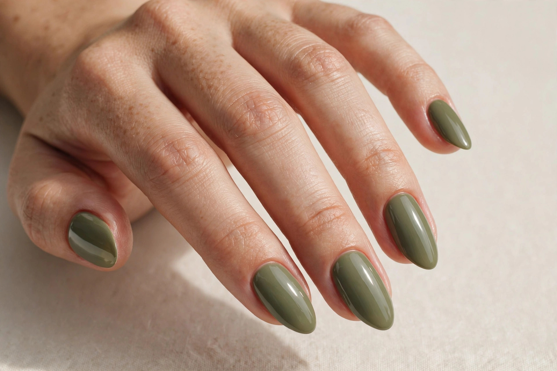 Muted olive green fall nail designs on almond shaped nails