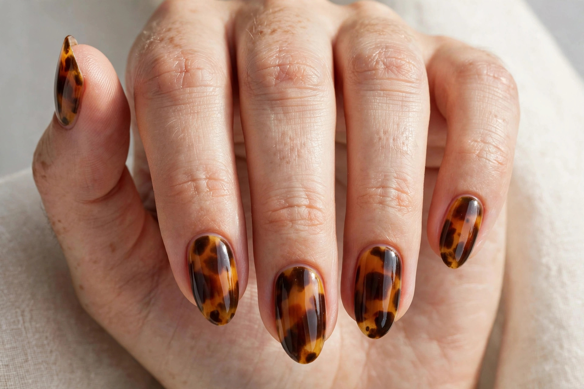 Chocolate tortoiseshell nail art in amber and brown tones
