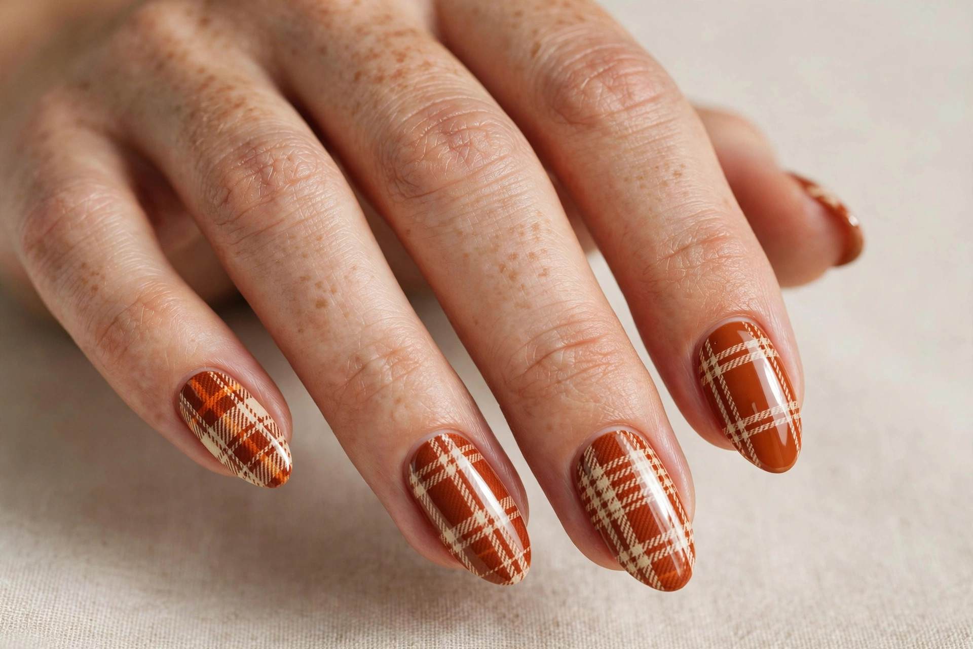 Fall plaid check pattern nail art in rust orange and cream