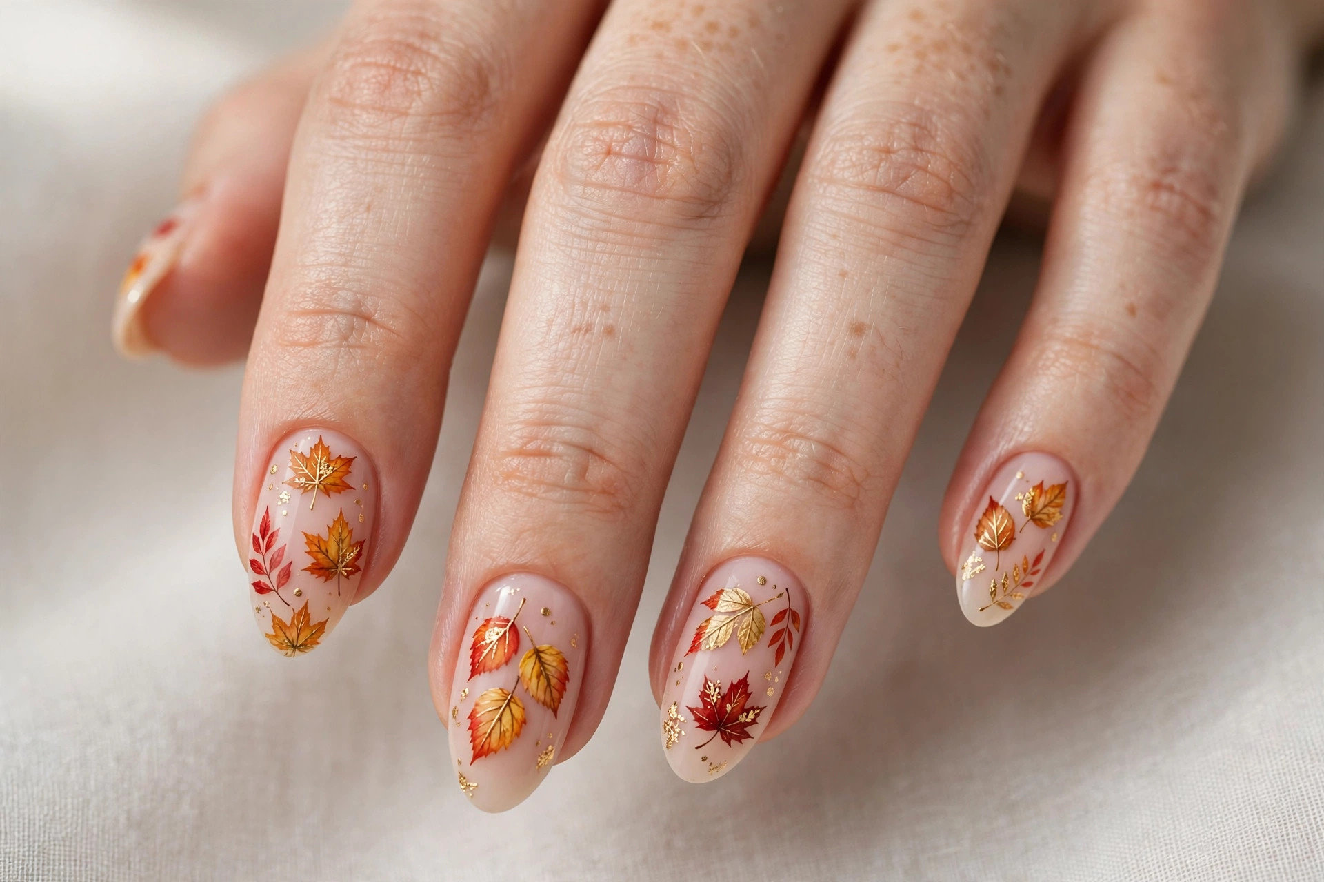 Hand-painted autumn leaves nail art on nude base